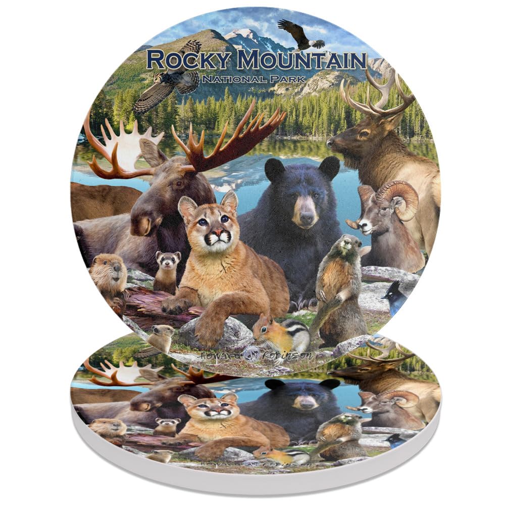 Rocky Mountain National Park Animals Moose Cougar Bear Beaver Elk Round Ceramic Coasters, Set of 2, 3.9" Ceramic Stone & Cork Base