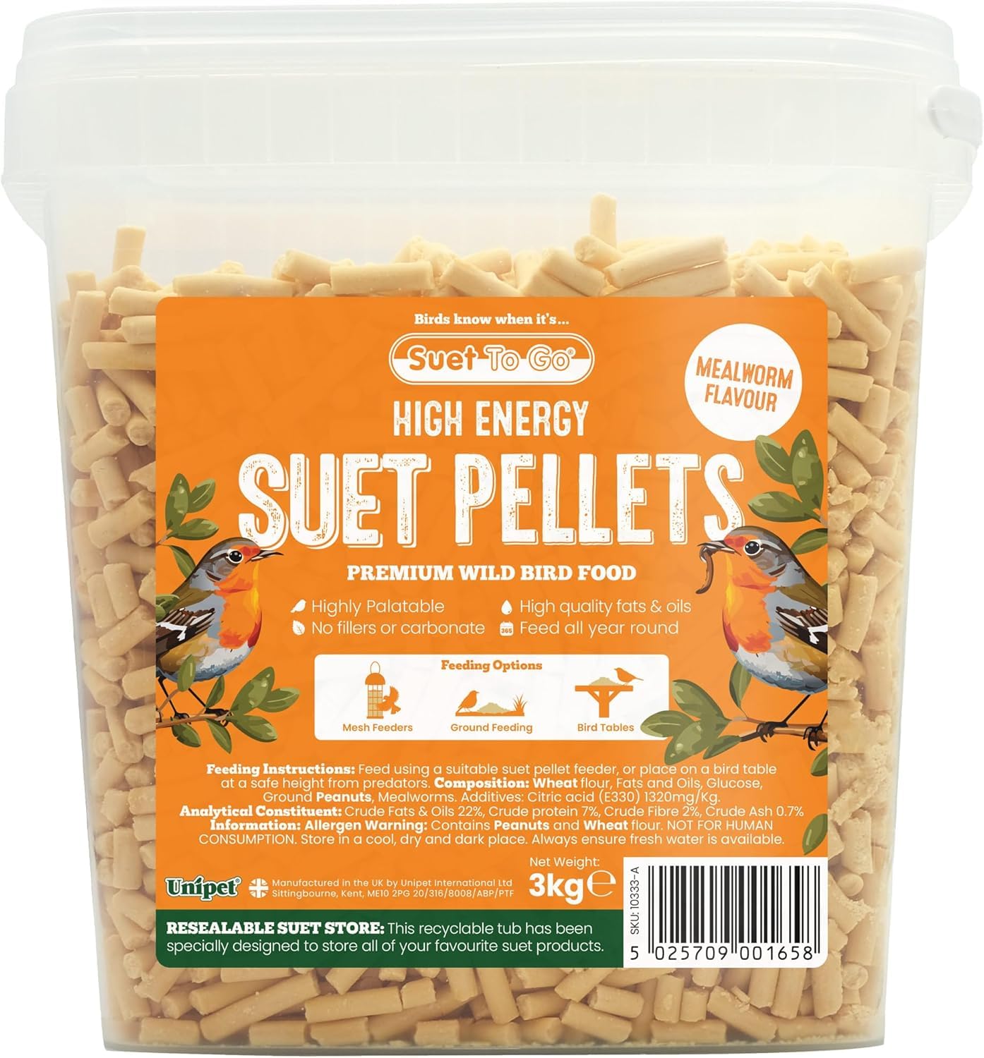 Suet To Go Mealworm Suet Pellets Tub 3kg - High Energy Wild Bird Food, Protein & Fat, Attracts Robins & Tits