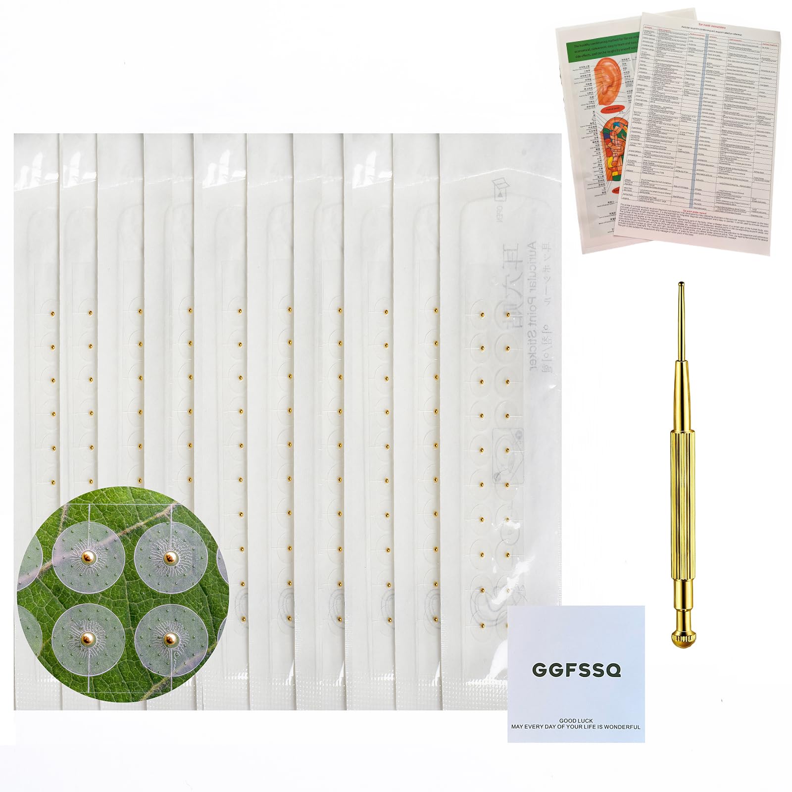 GGFSSQ Ear Seeds Acupuncture Kit - 200 Pieces - Acupressure with Ears Seed, with Bonus Free Chart and Brass Acupressure Probe - for Balance & Wellness (gold-200pcs)