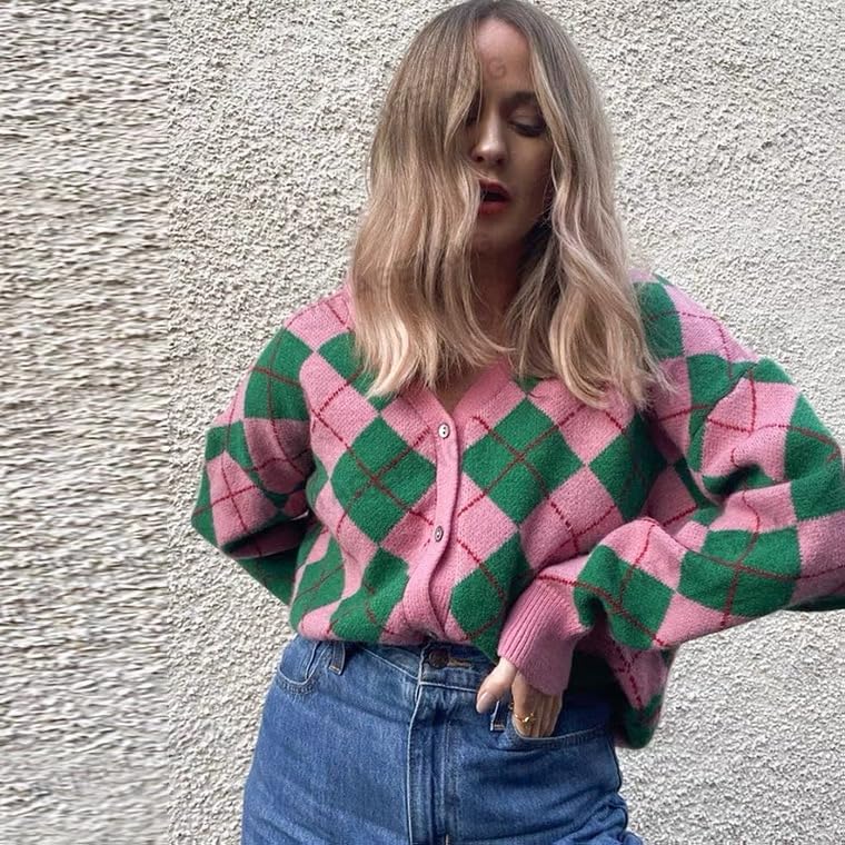 Hyipels Women's Long Sleeve Cardigan Sweater,Cute Y2K Top Knit Colorful Patterned V Neck Button Outwear S~XL2