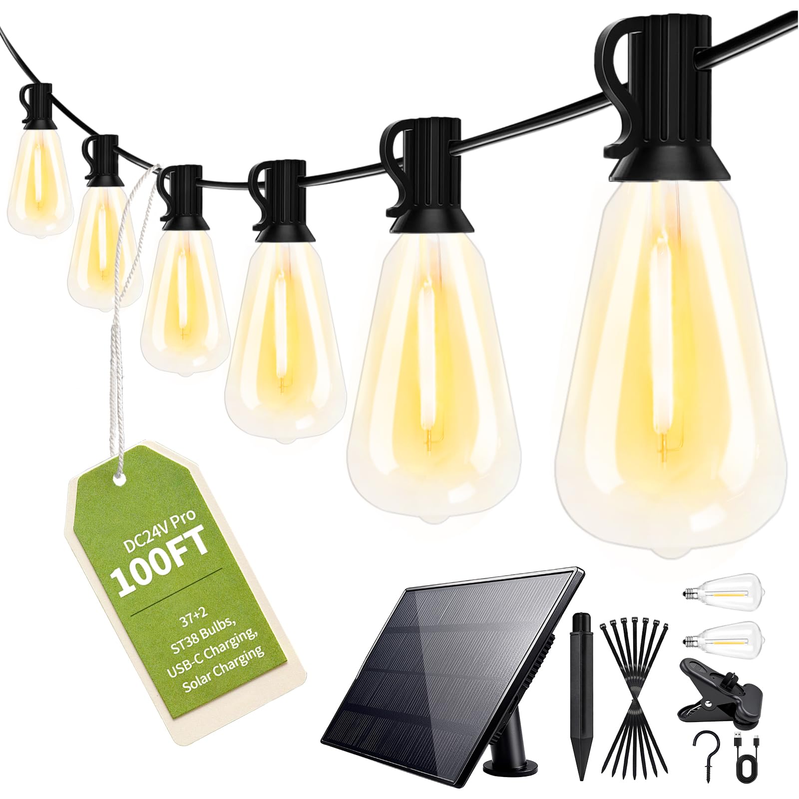 ROMANJOY 30M Solar Lights Outdoor Garden String, Festoon Lights Outdoor Solar Powered, 37+2 Shatterproof ST38 LED Bulbs, 3 Modes Outside Solar Garden Light for Backyard, Patio, 5200mAh