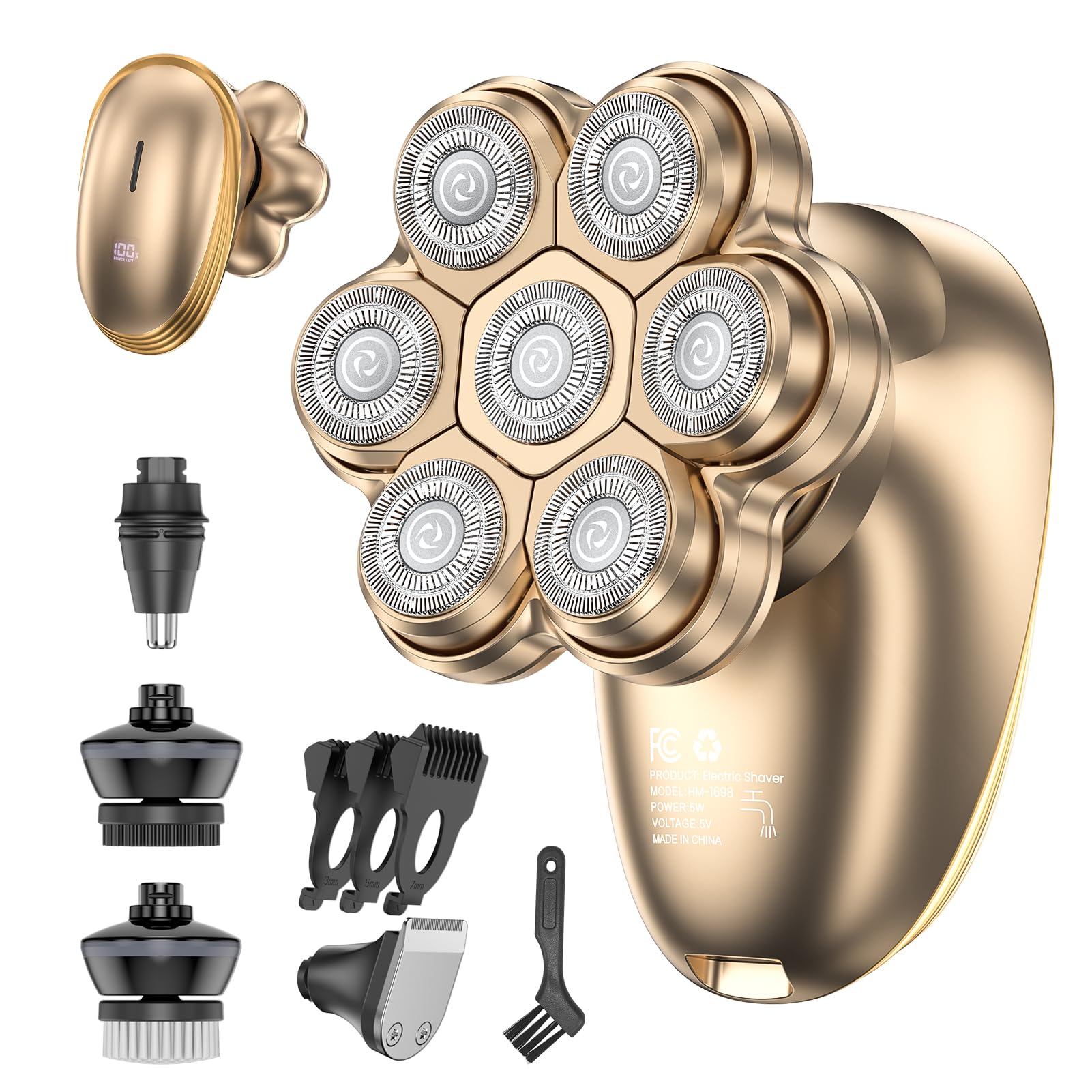 5-in-1 Head Shaver for Bald Men – 7D Floating Rotary Shaver,Electric Razor for Men with Magnetic Detachable Heads,IPX7 Wet Dry Waterproof Grooming Kit, Type-C Fast Charge for Travel (Gold)
