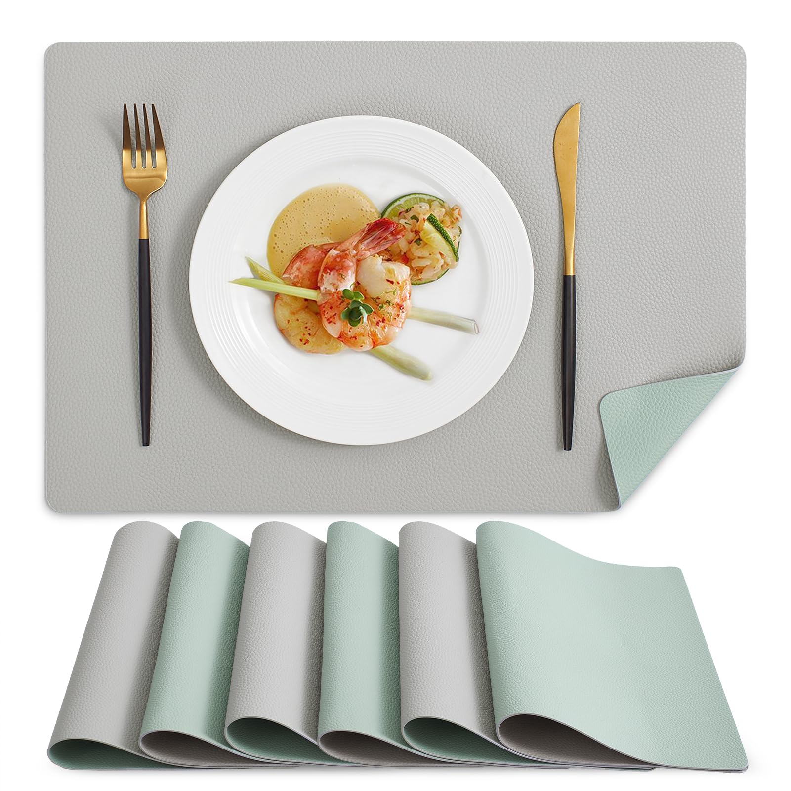 MOSAYT Vinyl Placemats Set of 6, Heat Resistant Place Mats 100% Waterproof Washable & Wipeable Faux Leather Reversible Table Mats for Kitchen Dining
