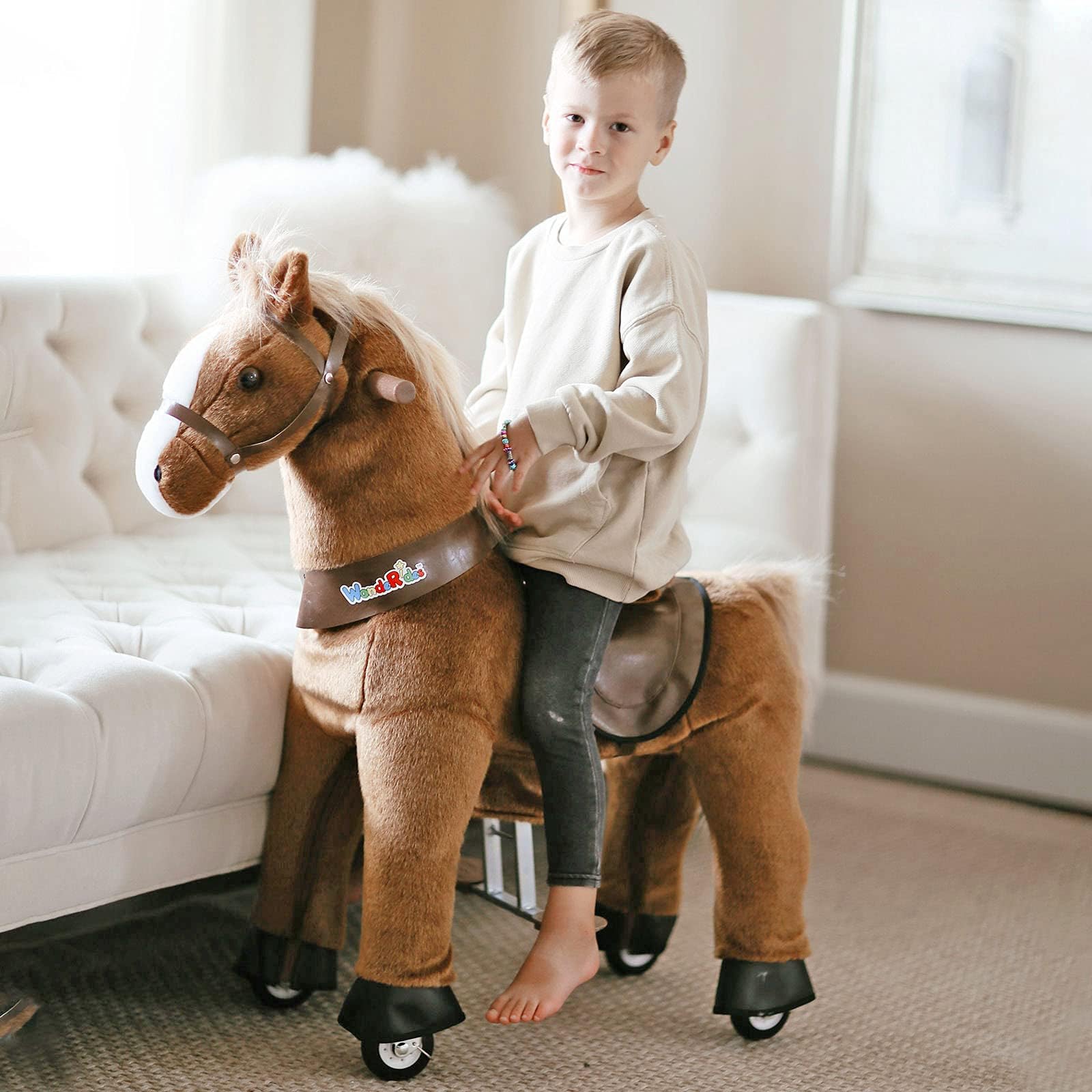 WondeRides Ride on Horse Pony Cycle Riding Horse Toy Size 4 for Age 4-9 M445, 36 Inch Height Riding Pony Ride Plush Giddy up Rocking Mechanical Walking Animal with Wheels No Battery for Child Kids