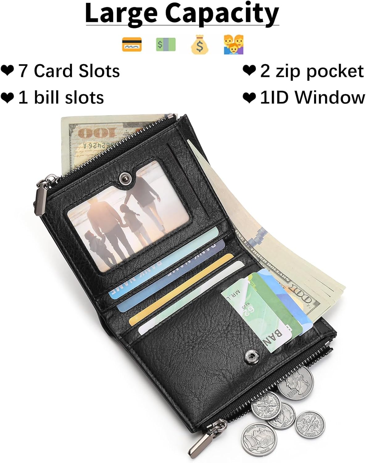 Zipper Wallet for Men Bifold Wallets with 1 ID Window 7Card Slot Coin Pocket- Big Capacity Credit Card Travel Wallet - Image 2