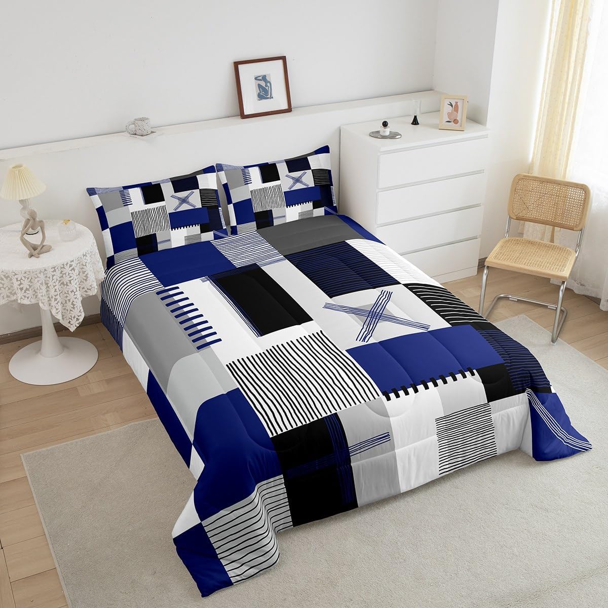 Erosebridal Navy Blue Grey Boys Comforter Set Toddler Black White Abstract Bedding Set for Kids Teen Men Geometric Square Quilt Grids Checkered Duvet Insert Modern Fashion Room Decor 2 Pcs