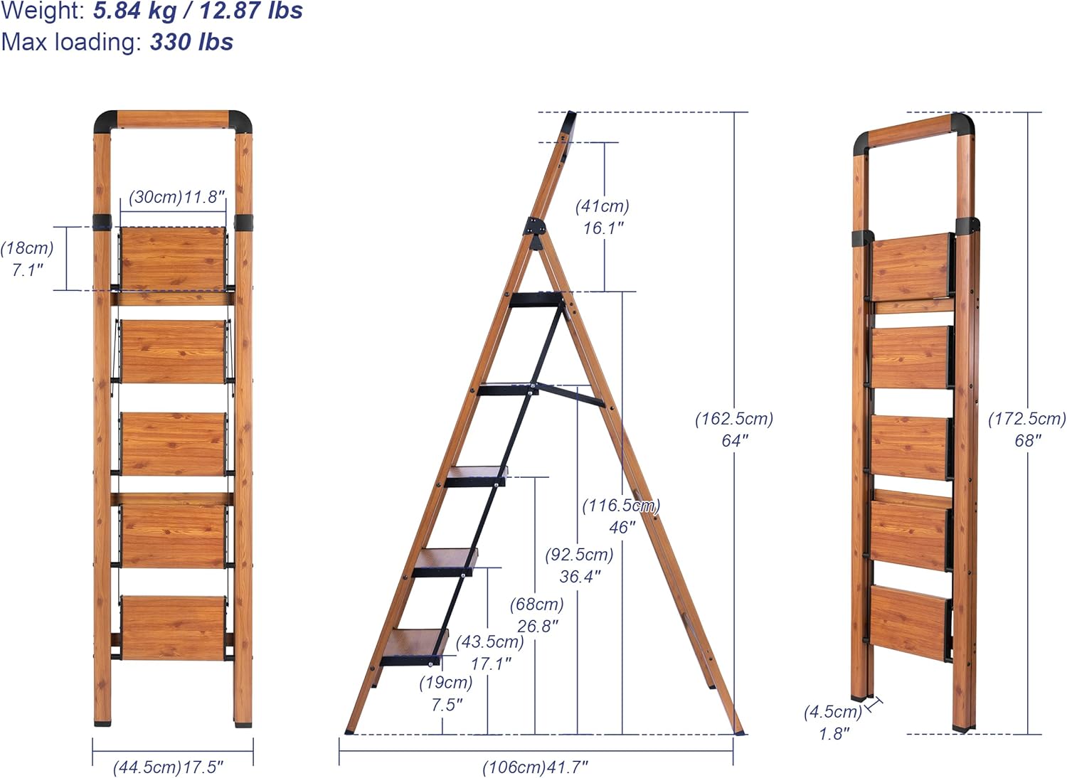 Step Ladder Folding 5-Step Woodgrain Finish Aluminum Foldable Step Ladders