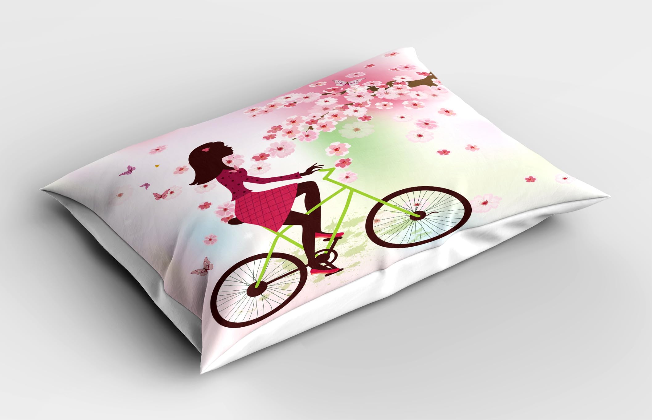 Ambesonne Feminine Pillow Sham Set of 2, Girl on Bike Passing by Cherry Trees Blooms Spring Nature Seasonal Illustration, Quality Microfiber Bedding Item for All Seasons, 30