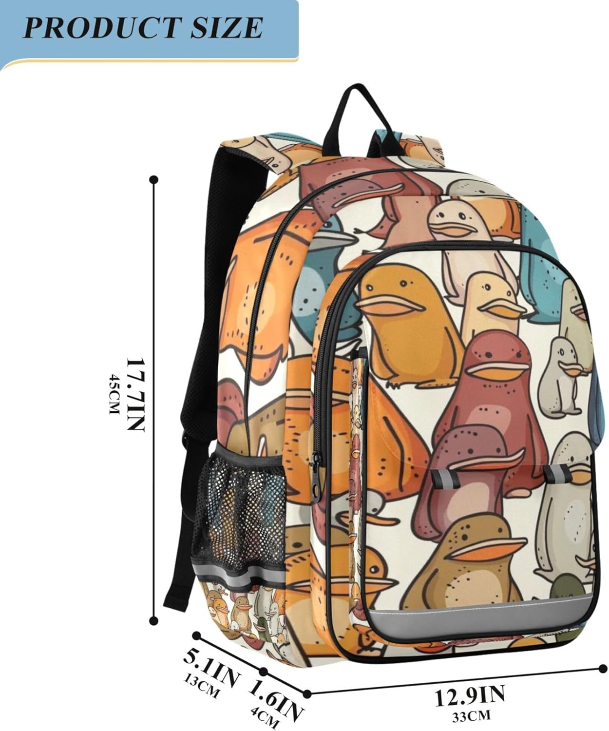 Cute Cartoon Platypus Backpack Lightweight Bookbag Travel Backpack College School Laptop Bag with Reflective Stripes