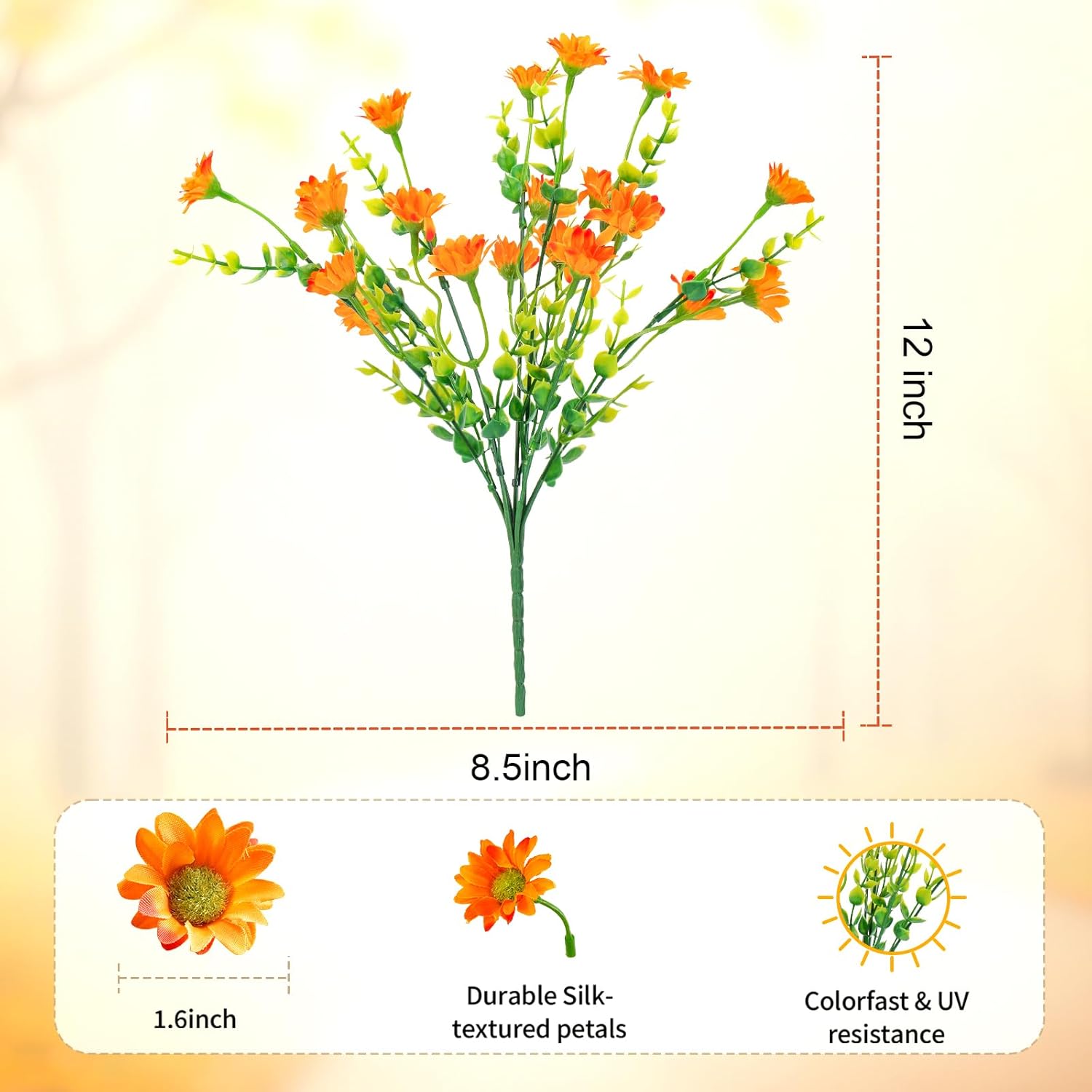 Artificial Mums Fall Fake Flowers for Outdoors, 10 Bundles Faux Mums Autumn Decorations,UV Resistant Silk Flowers Plastic Plants for Outside Front Porch Garden Patio Home Planters Decor (Orange) - Image 3