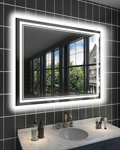 Espejo de baño con luz LED rectangular de 48 x 40 pulgadas, espejo de tocador de baño para pared con retroiluminación y 2 luces frontales, triple