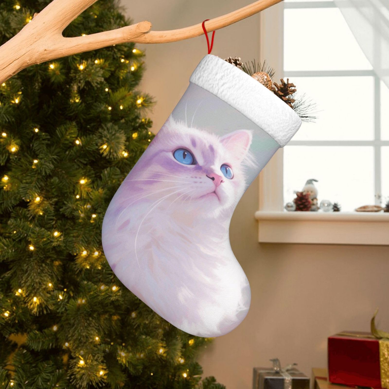 Velvet Christmas Stockings 17.7 Inch, Cat Xmas Stocking with Soft Cuff,Classic Personalized Christmas Tree Decoration for Family Holiday New Year Party Supplies