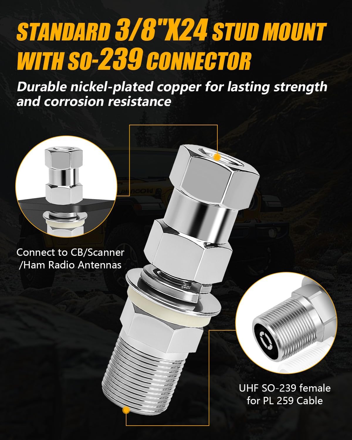 CB Antenna Spare Tire Mount with SO-239 Stud for JK | Heavy Duty, 3/8 x 24 Threaded CB Mount, Compatible with Jeep Wrangler JK & JKU Unlimited 2007-2018