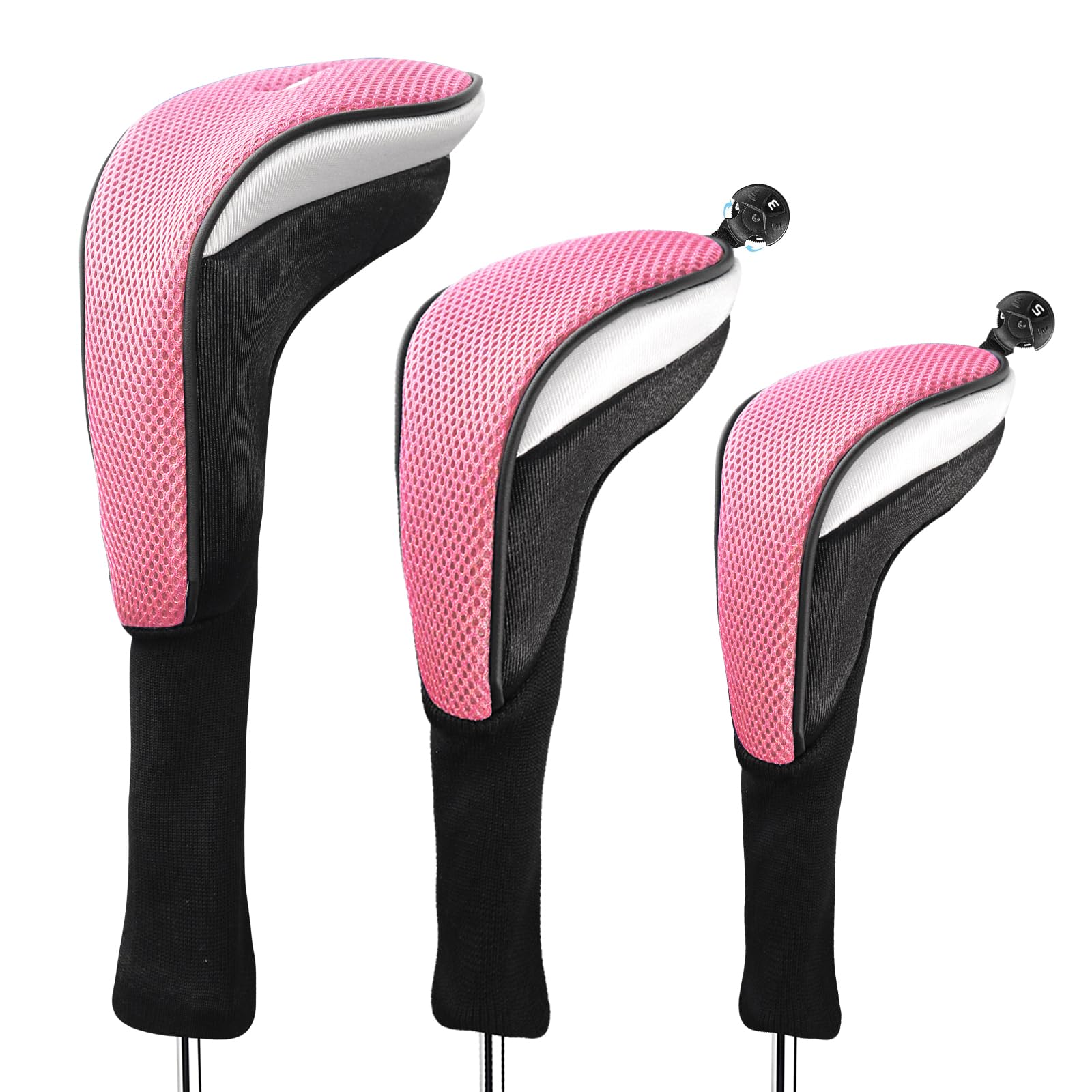 AMRTA Golf Club Head Covers for Woods Hybrid Driver Fairway Value 3 Pack, Long Neck Headcovers with 3 4 5 7 X Interchangeable No.Tags Stylish Colors (Pink-3 pack (1 Driver& 1 Fairway&1 Hybrid))