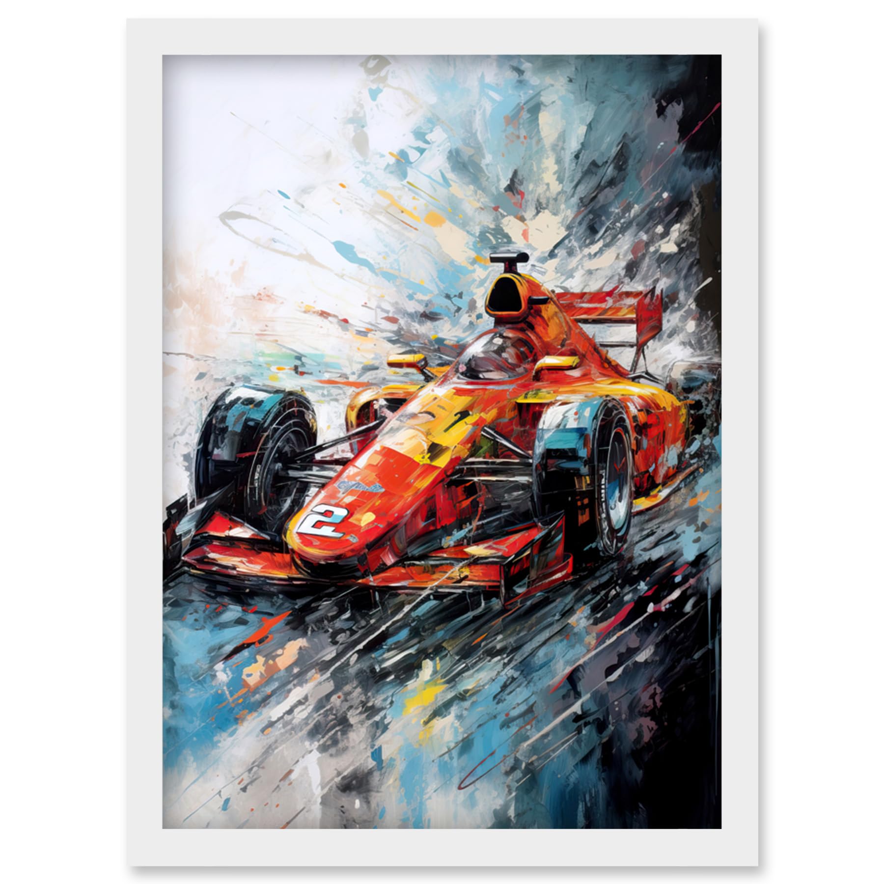 Artery8 Orange Race Car Grand Prix Action Shot Painting Artwork Framed Wall Art Print A4