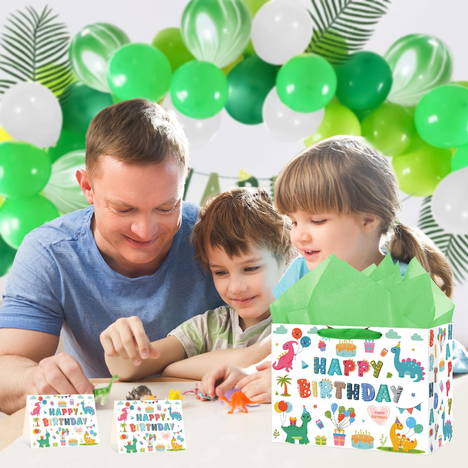 Hooqict Large Dinosaur Gift Bag Happy Birthday Gift Bag with Handles, Wrapping Tissue Paper and Greeting Cards for Kids Boys 1st 2nd 3rd Dinosaur Birthday Party Supplies Baby Showers