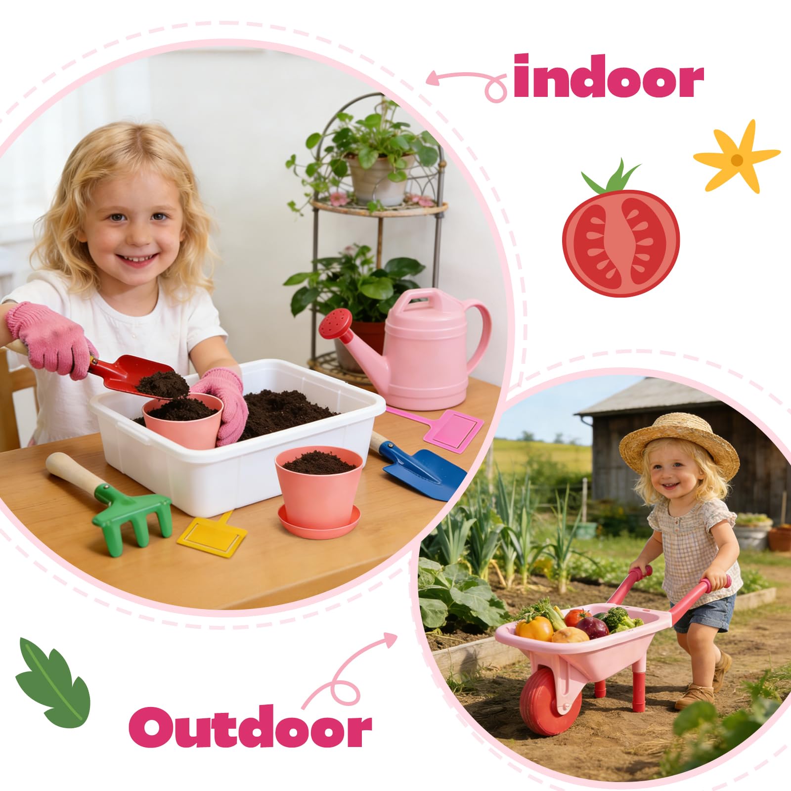 CUTE STONE Set di attrezzi da giardino per bambini, carriola rosa, giocattolo da giardino, con annaffiatoio, guanti, rastrello, pala, cazzuola, set da gioco per bambini dai 3 anni in su (rosa)