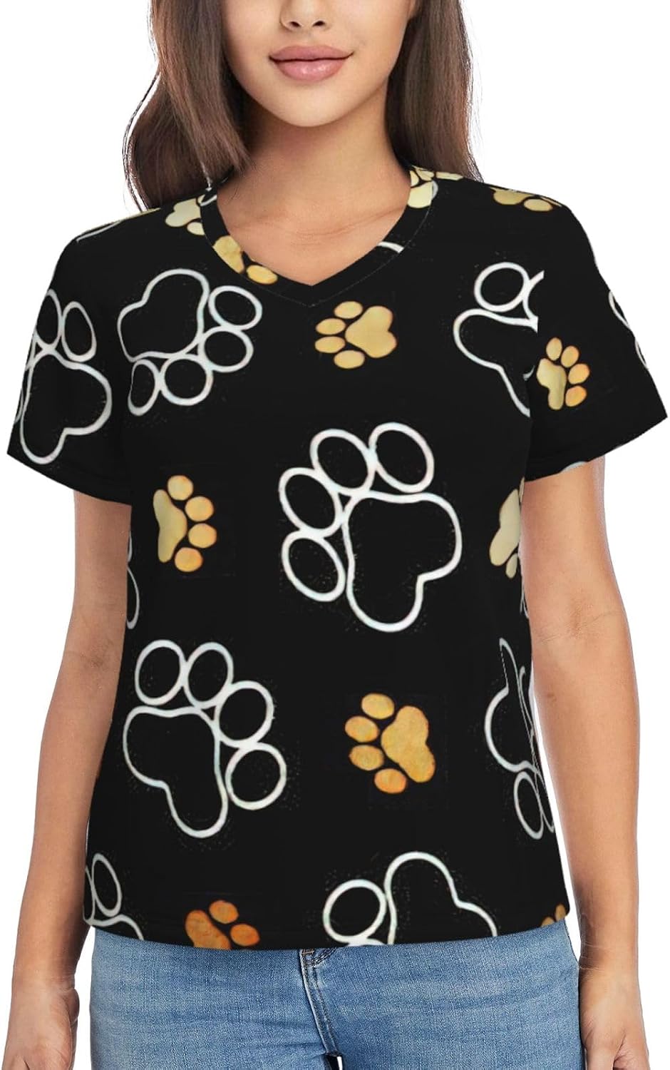 Women Casual Dog Paw Prints Print V-Neck T-Shirt Short Sleeve Summer Trendy Tops.