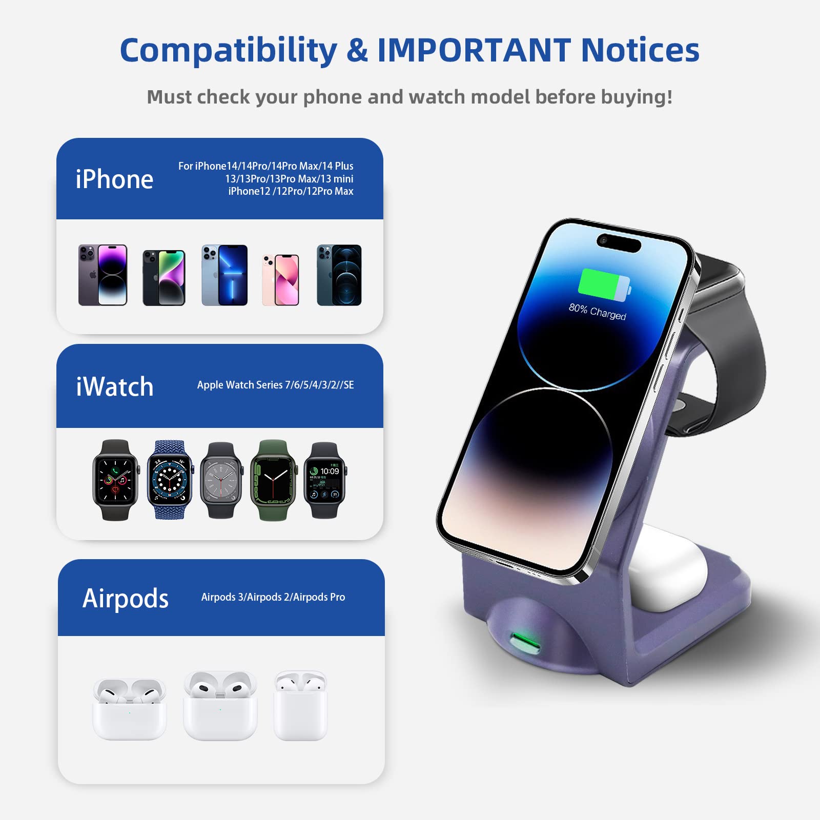 Station de charge magnétique 3 en 1 sans fil pour Apple - Plusieurs appareils - Pour Apple -15/14 Pro Max, iWatch Ultra/8/se/7/6/5/4/3/2, AirPods2/Pro