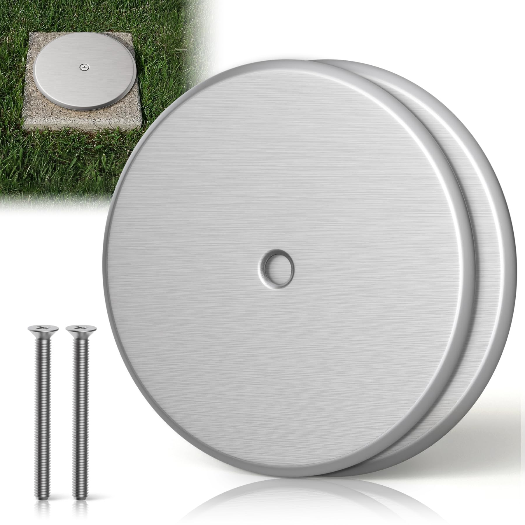 Photo 1 of * WHITE NOT STAINLESS STEEL*HEIWUKONG 7Inch Clean Out Cover Plate, 2 Pcs Stainless Steel Cleanout Cover Plate for Clean Plug Access Hole, Round Decorative Cleanout Cover Access Plate for Rear Deck Drain and Hidden Open Gutter