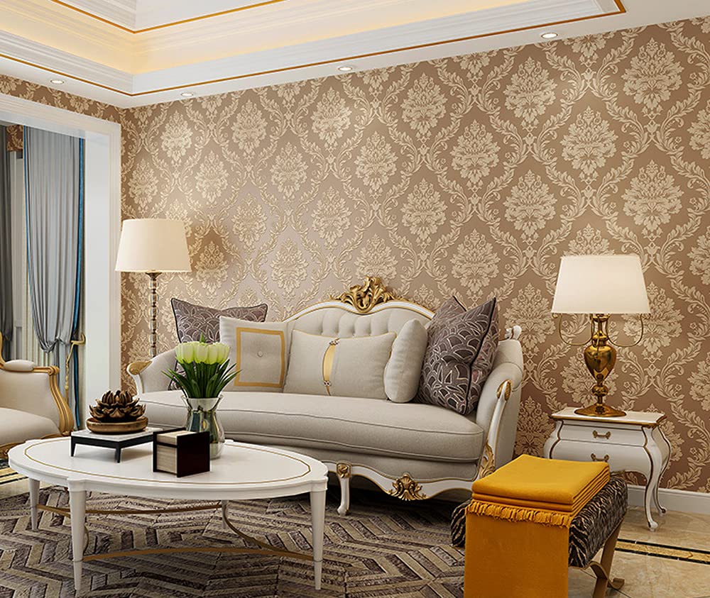 FNMHime 20.87″Wx393.7″L 3D Damask Embossed Wall Paper Modern Minimalist European Style Clothing Store Restaurant Bedroom Living Room TV Background Non-Woven Wallpaper Non-Pasted (Brown) - Image 3