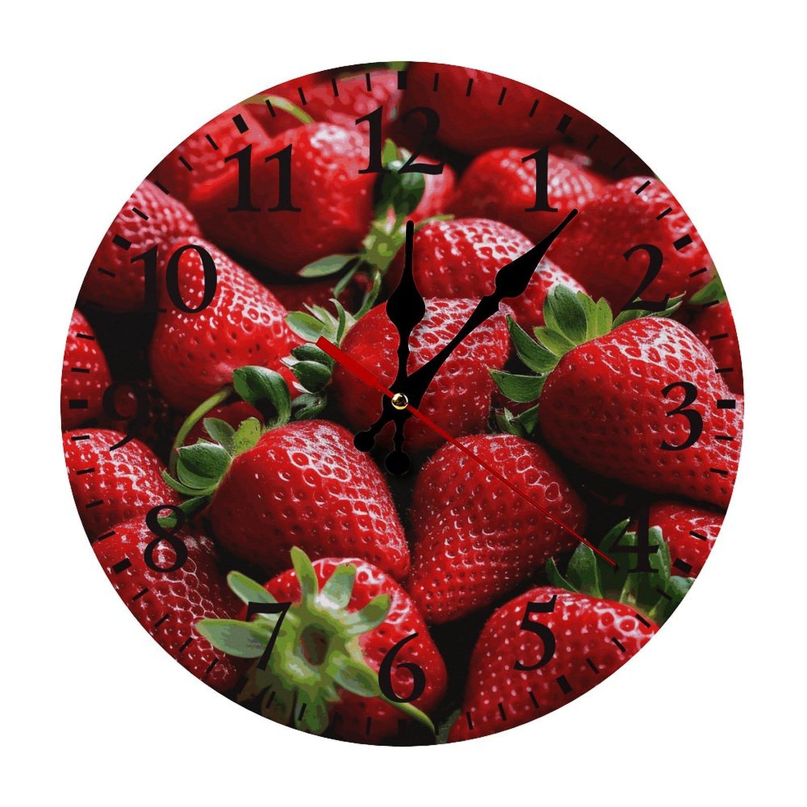 QMNLKH Fresh Strawberries Wall Clock for Home, Battery Operated Clock for Hotel, Round Wall Clock with Arabic Numerals Black, Easy to Read, Non-Ticking Clocks for Living Room 25 * 25cm