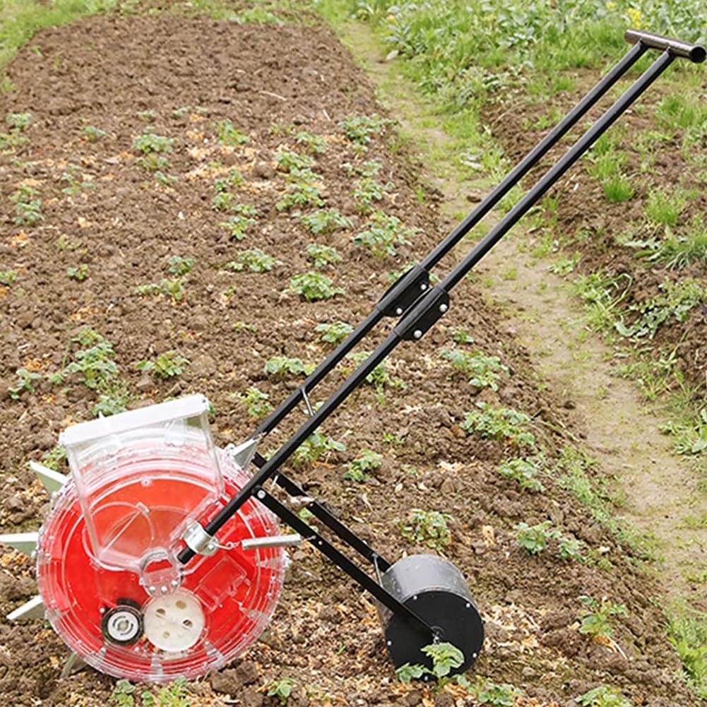 Esparcidor de fertilizante para sembradora de césped, esparcidor manual de semillas de jardín con 8 placas de semillas, profundidad de paso del esparcidor de abono ajustable para plantar cáñamo