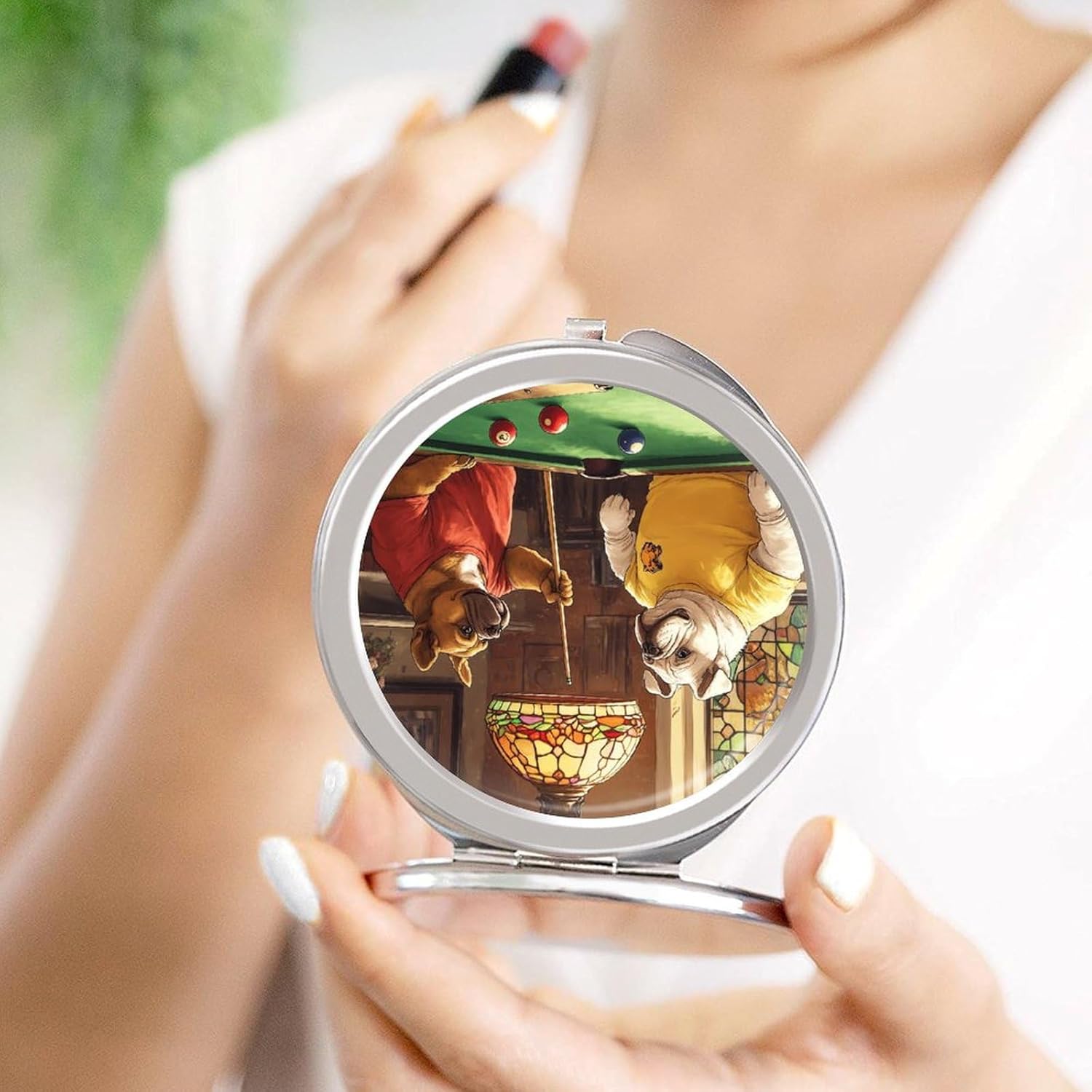 Dogs Playing Pool Billiard Compact Makeup Mirror Mini Foldable Cosmetic Mirror Portable Travel Mirror for Purse Pocket