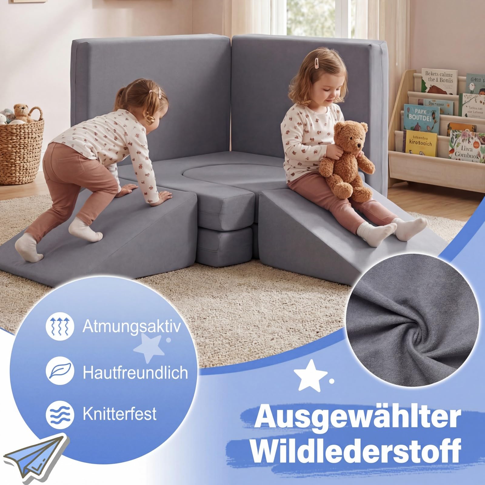 COSTWAY 10-częściowa modułowa sofa do zabawy, rozkładana sofa dziecięca ze zdejmowaną i nadającą się do prania poszewką z zamszu, piankowe klocki do pokoju dziecięcego, kanapa dla dzieci od 3 lat
