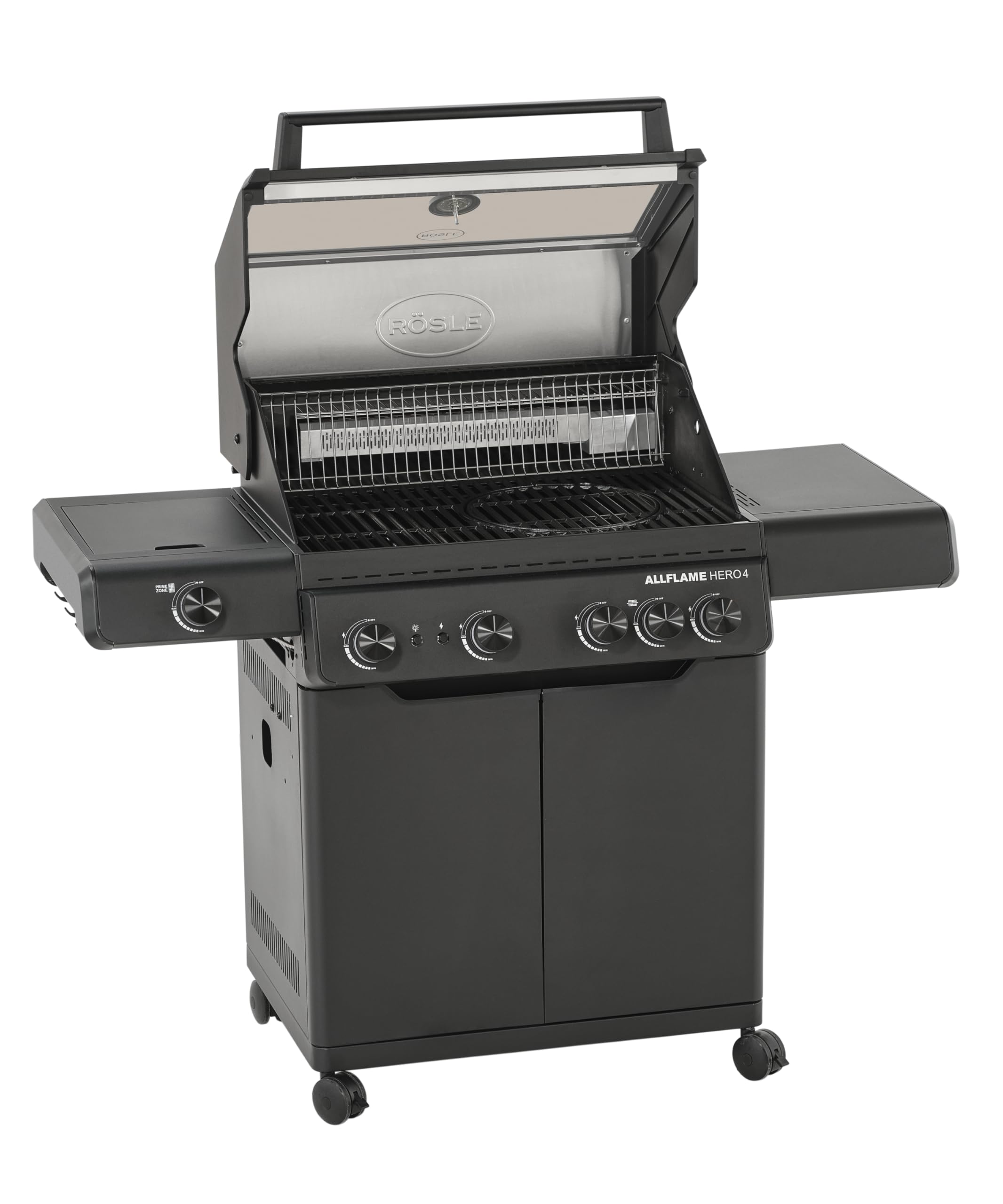 RÖSLE ALLFLAME Hero 4 Barbecue a gas, 4 bruciatori 3.5 kW, PRIMEZONE, superficie cottura 70x45 cm, griglie ghisa