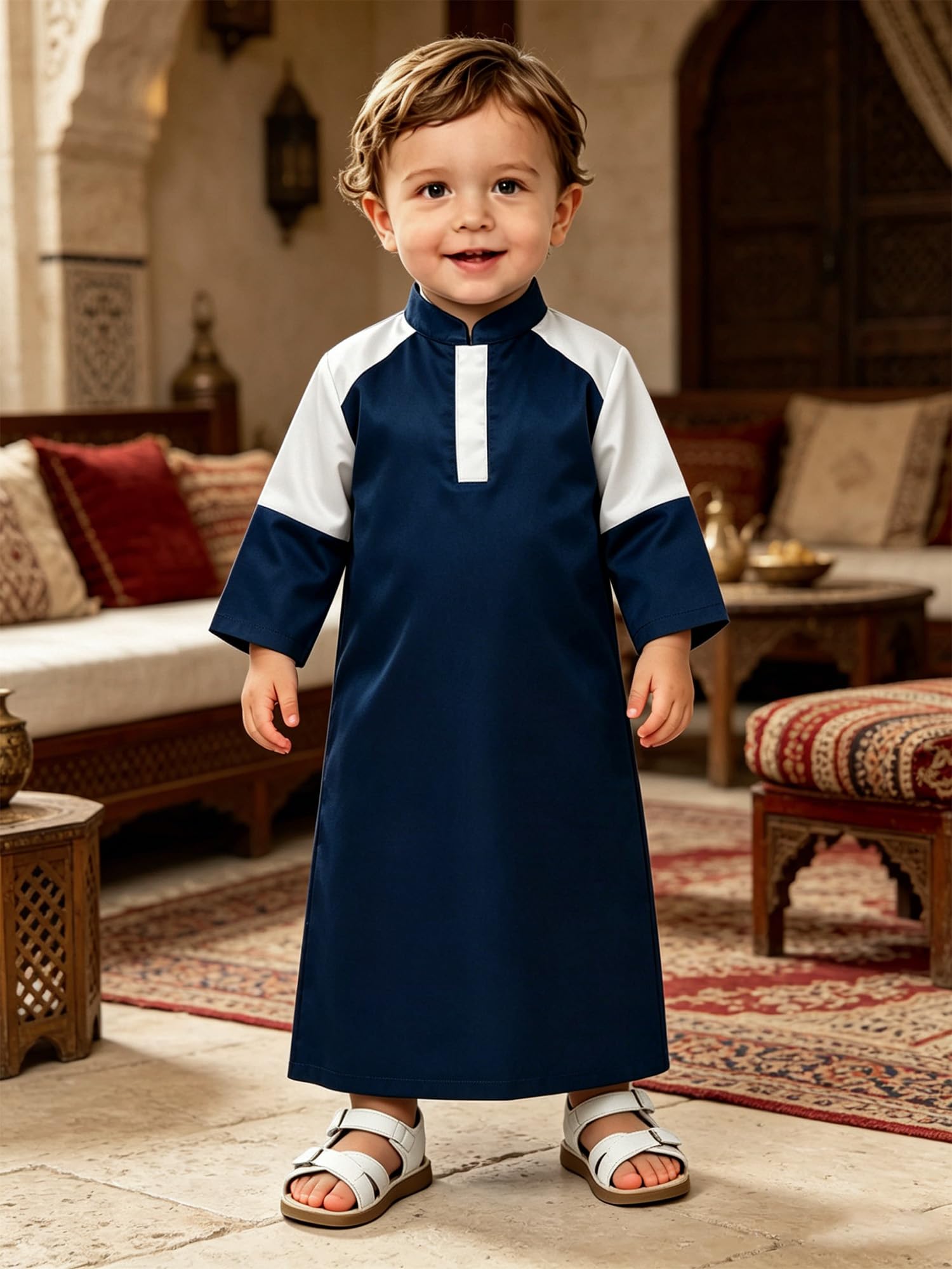 Nourrisson Thobe Arabe Pour Bébé Garçon Robe Manches Longues Abaya Islamique Pour Garçons Thobe Léger En Coton Col Montant Bal Masqué