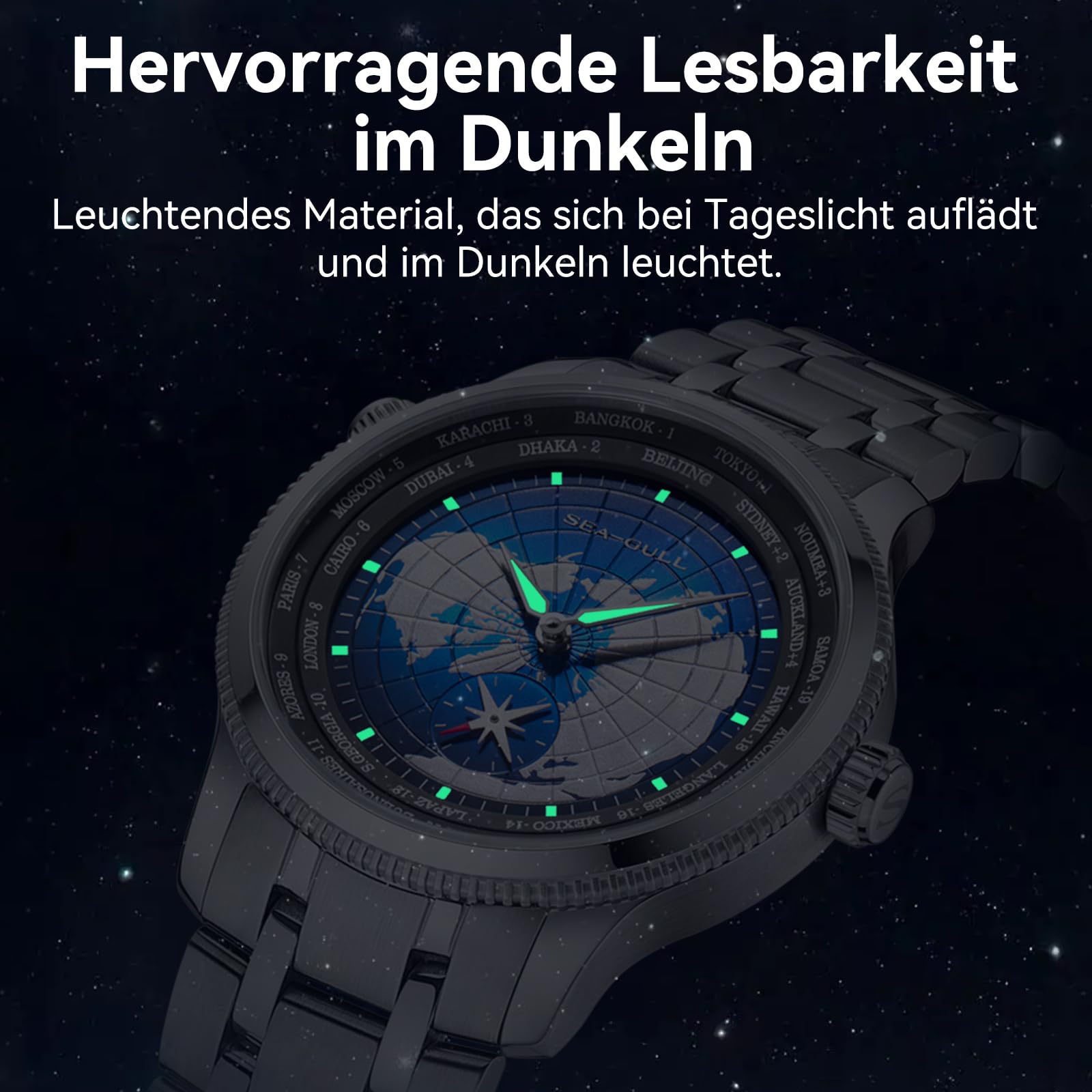 Seagull Automatische mechanische Herrenuhr, 41 mm GMT Weltzeit mit Sekundenzifferblatt, 5 ATM wasserdicht, leuchtende Armbanduhr, 6202