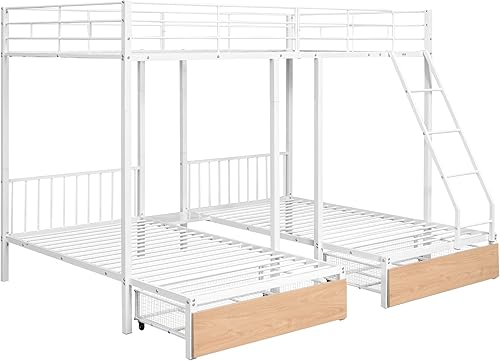 Miniatura 114 de Litera triple de madera maciza con cajones de almacenamiento y escalera, base de litera resistente con barandillas de protección para niños y