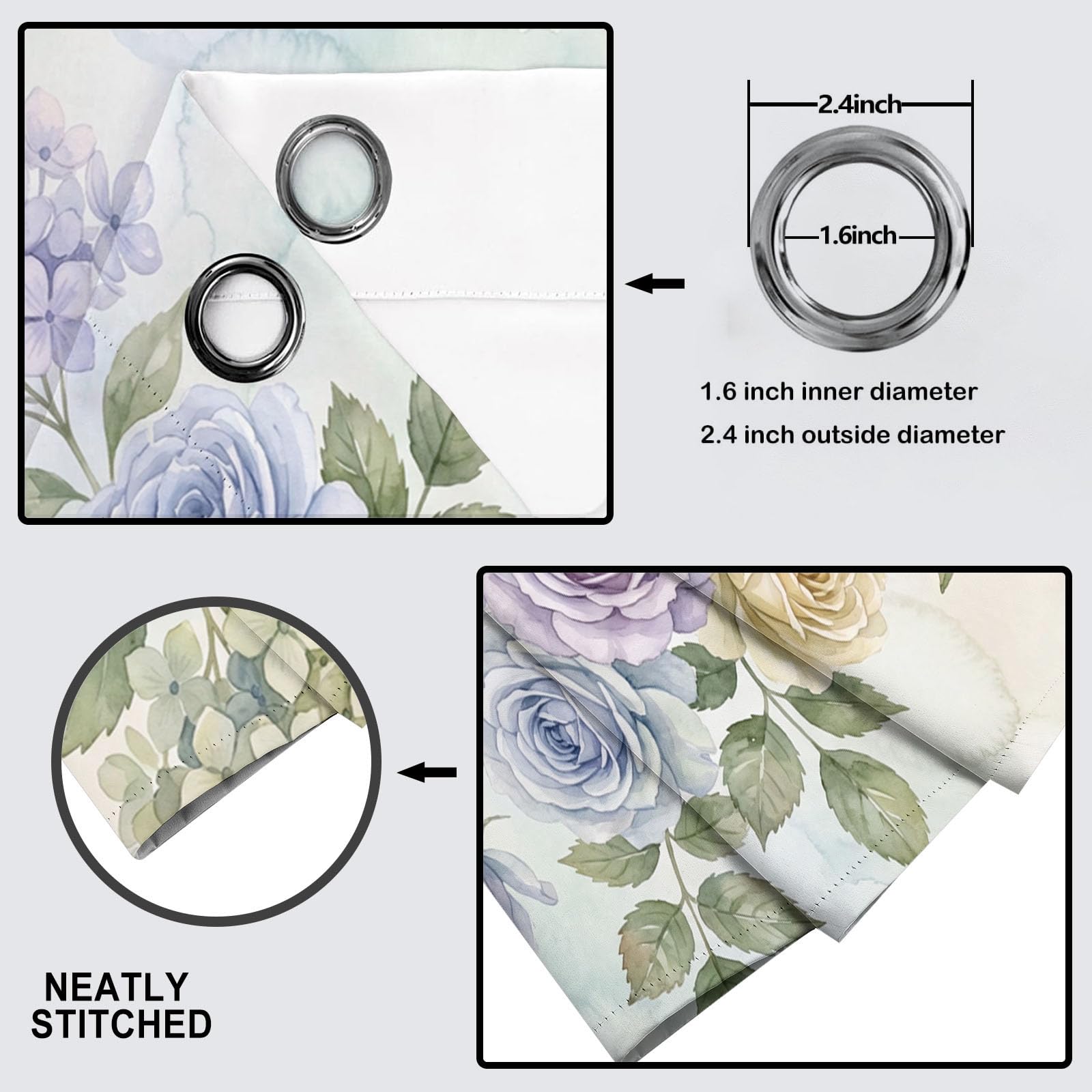 Verdunkelungsvorhänge mit Frische Aquarellblumen, 2 Paneele, Rosenhortensie, Vorhänge für Schlafzimmer, Wohnzimmer, lichtblockierende Thermovorhänge, Hellblau, 137 x 117 cm