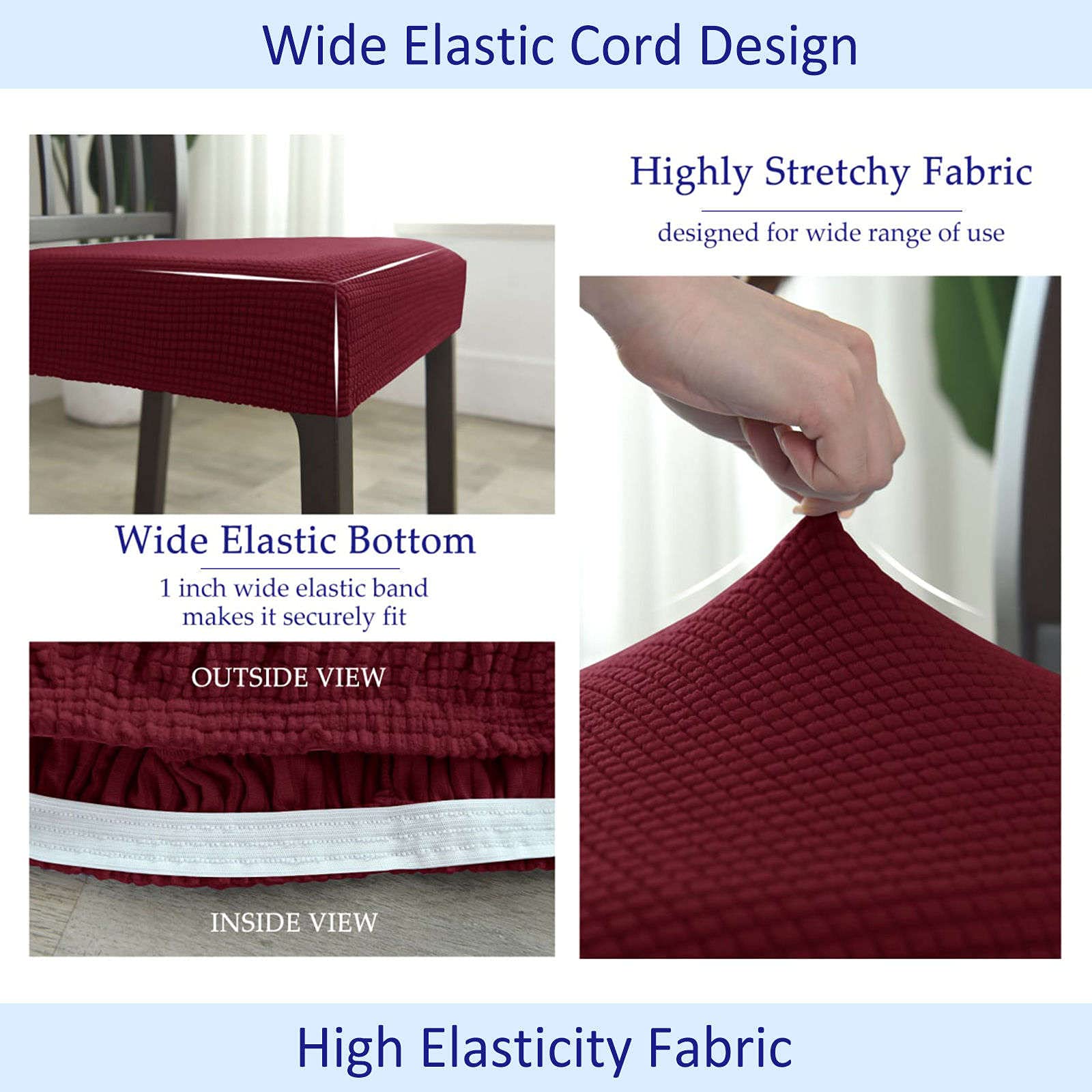 Set di 4 coprisedili elasticizzati per sedie da pranzo, in tessuto jacquard, rimovibili e lavabili, colore: rosso vino
