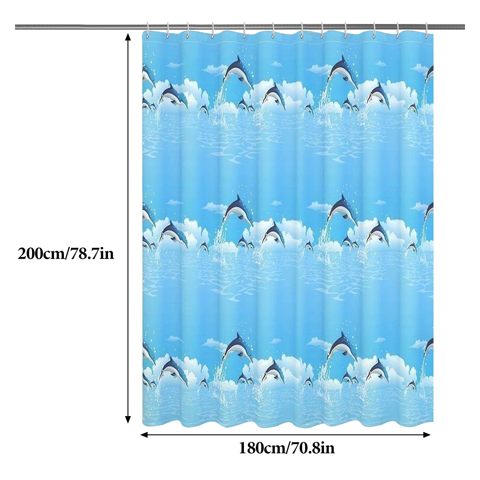 DHSWNNG Shower Curtains Mould Proof Resistant Blue Shower Curtain with 14 Hooks 180 X 200cm Dolphin Waterproof Bath Bathtub Curtain for Bathroom Wet Room Tub - Image 2