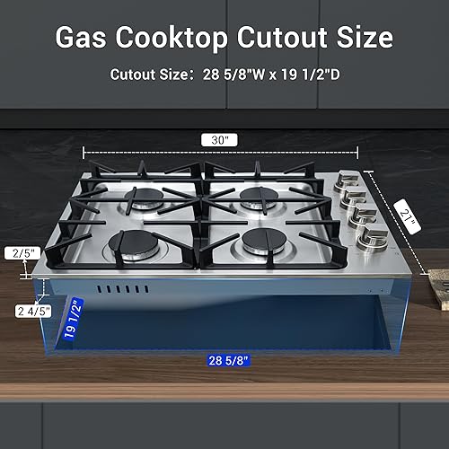 Miniatura 2 de CT Copper Tailor Placa de cocina de gas de 30 pulgadas con cuatro quemadores sellados, NGLPG Convertible, Max 18000BTU, en acero inoxidable