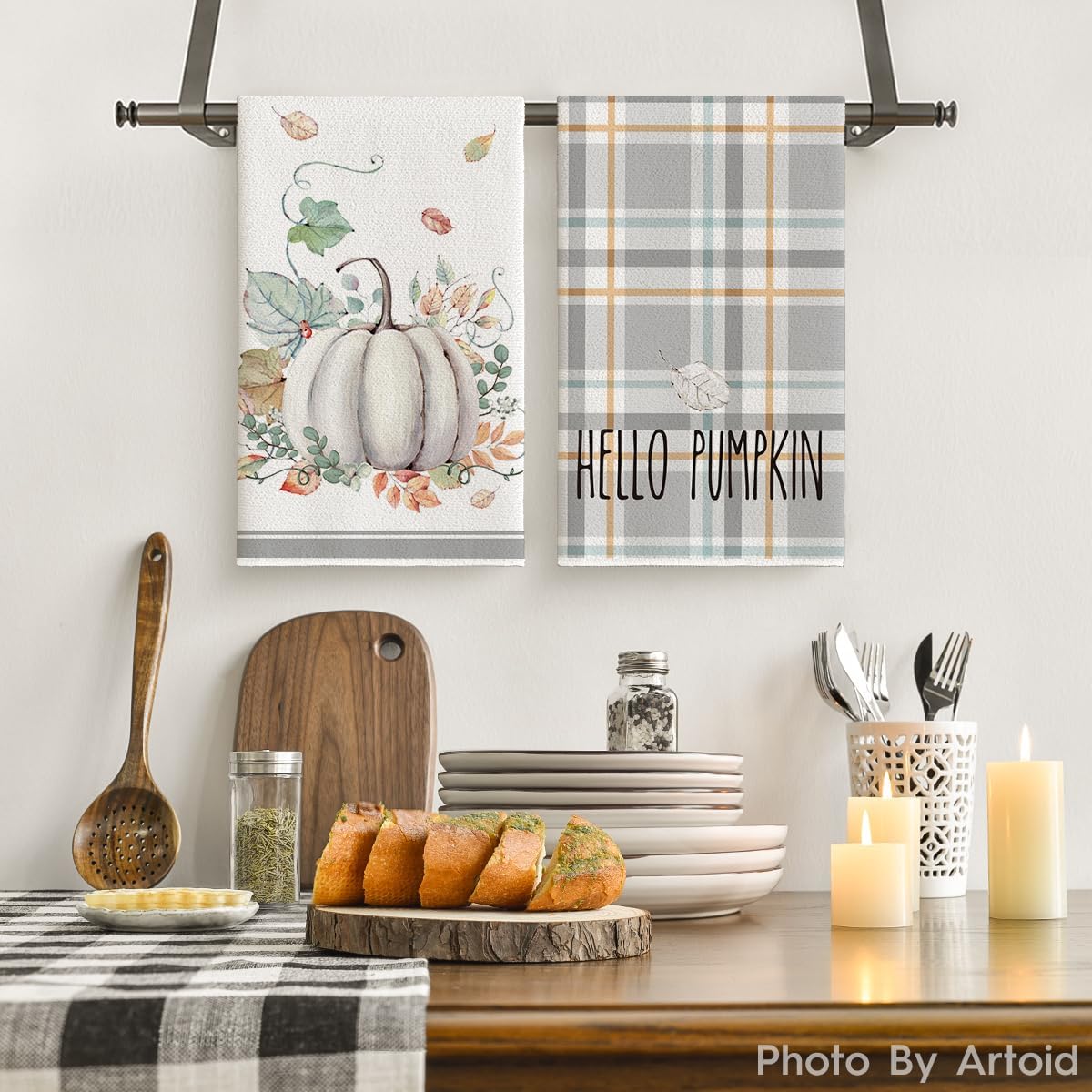 Artoid Mode Grey Watercolor Stripes Hello Pumpkin Fall Kitchen Towels Dish Towels, 18x26 Inch Seasonal Leaves Decoration Hand Towels Set of 2 - Image 2