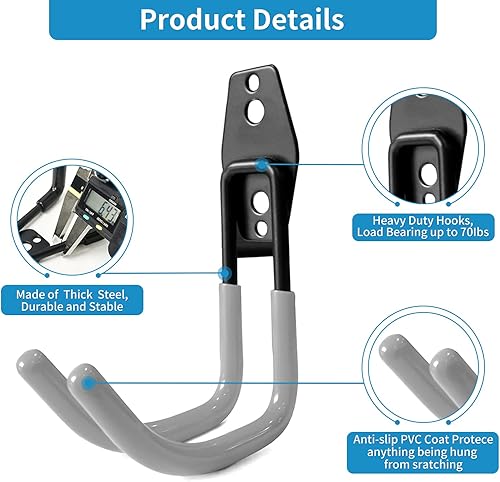 Miniatura 2 de Ganchos de almacenamiento de garaje, organizador de herramientas de jardín de garaje, ganchos de montaje de pared de acero, ganchos grandes en U de