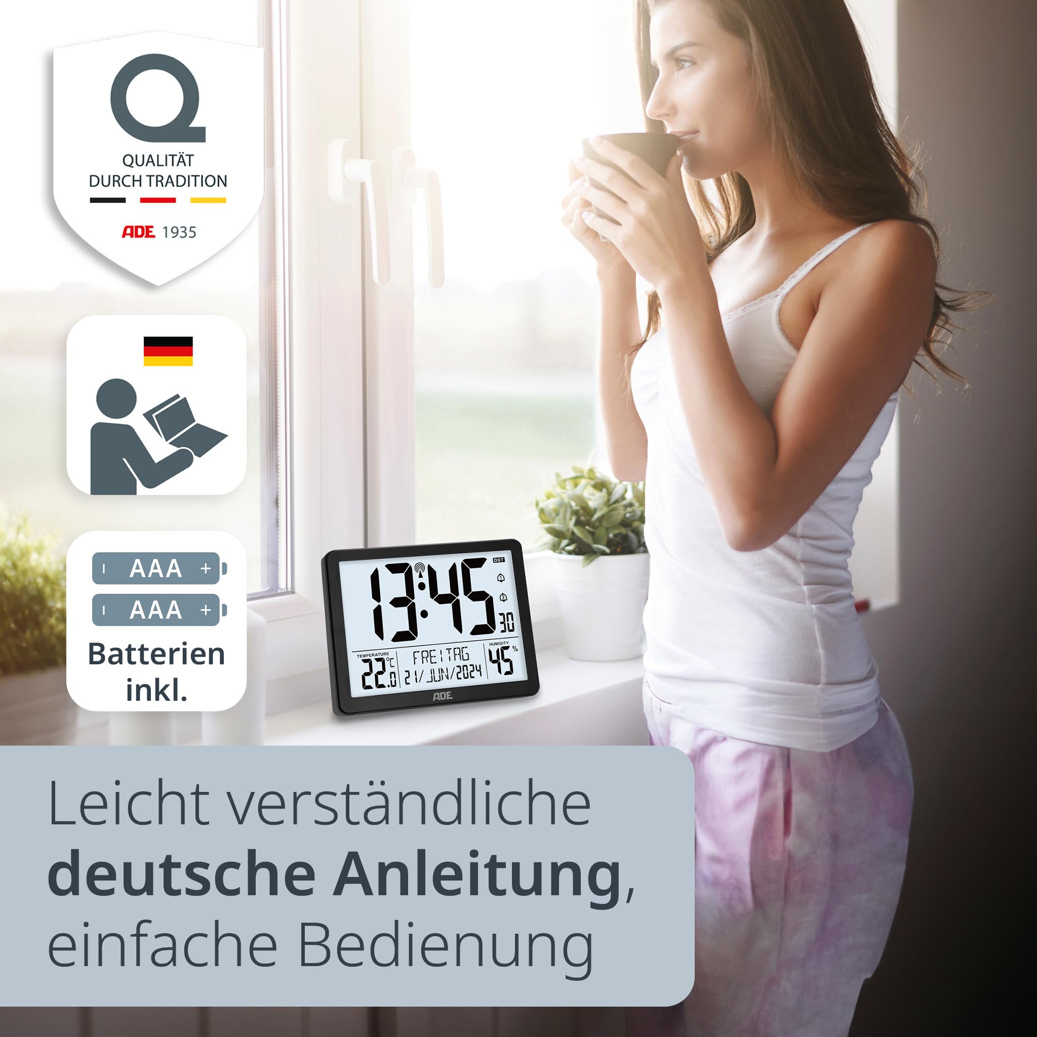 ADE Digitale XL-Funkuhr mit sehr großen Ziffern | Tischuhr Wanduhr mit 2 Weckzeiten und Beleuchtung | Thermometer Hygrometer | schmaler Rahmen in matt schwarz