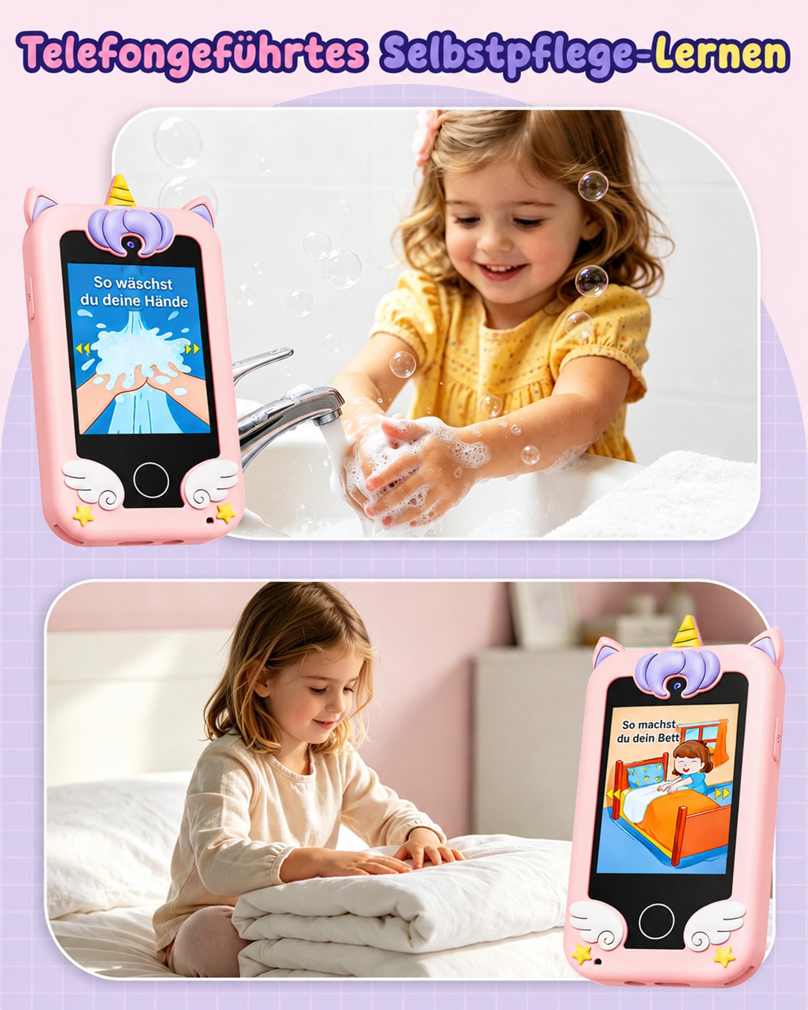 UCIDCI Kinder Handy Spielzeug mit Dual-Kamera für 3-7 Jahre, Lernspielzeug & MP3-Player, Rosa