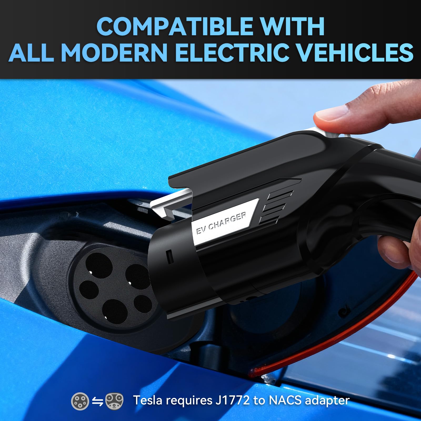 Level 1/2 Portable EV Charger, J1772 Charger Compatible with All EVs, 16 Amp 110V-240V, 25ft Cable, NEMA 6-20 Plug & NEMA 5-15 Adapter