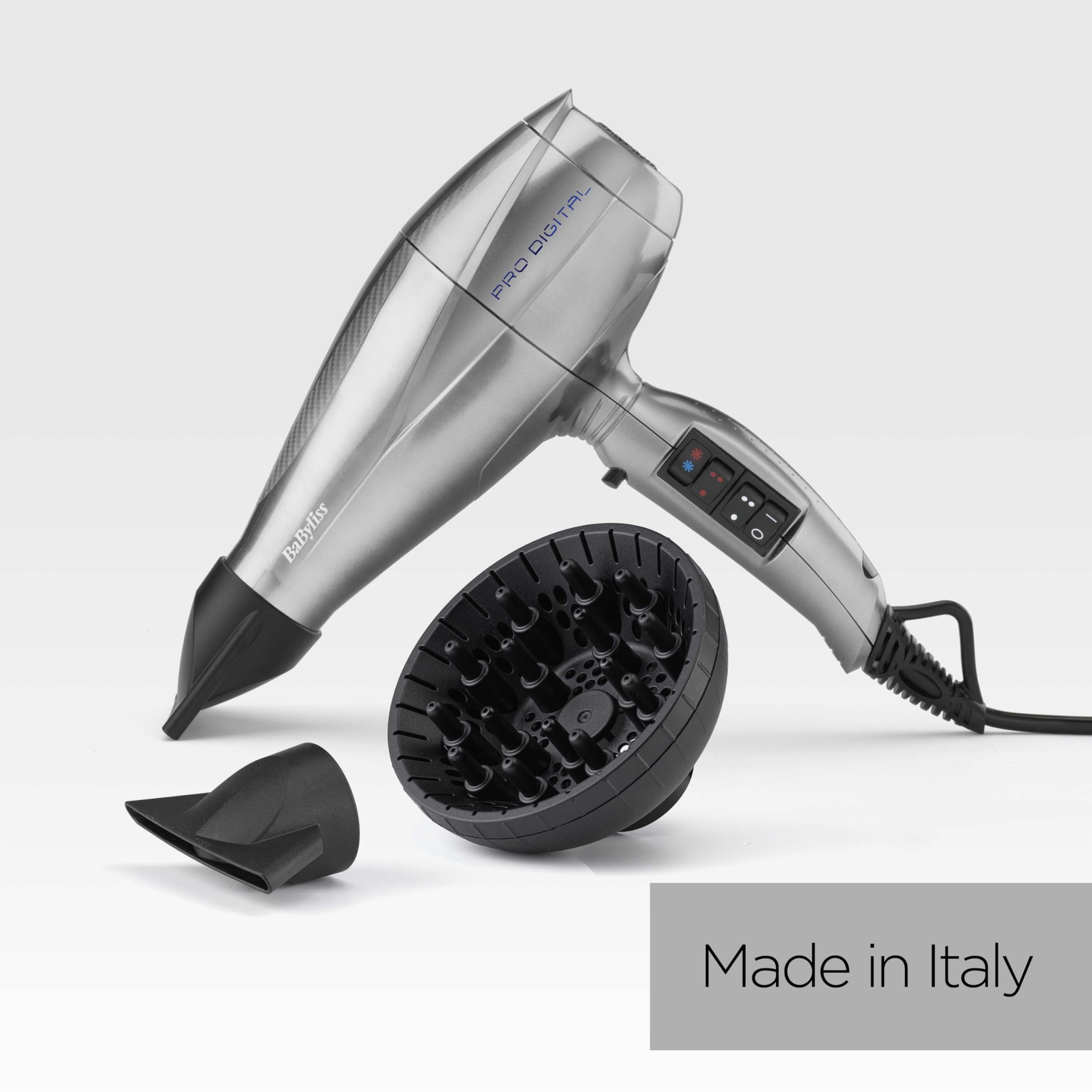 Suszarka do włosów BaByliss Pro Digital z dyfuzorem - 2200 W Ultra-szybka profesjonalna suszarka z jonizacją, wyprodukowana we Włoszech, 3 ustawienia temperatury i 2 prędkości, srebrna, 6000E