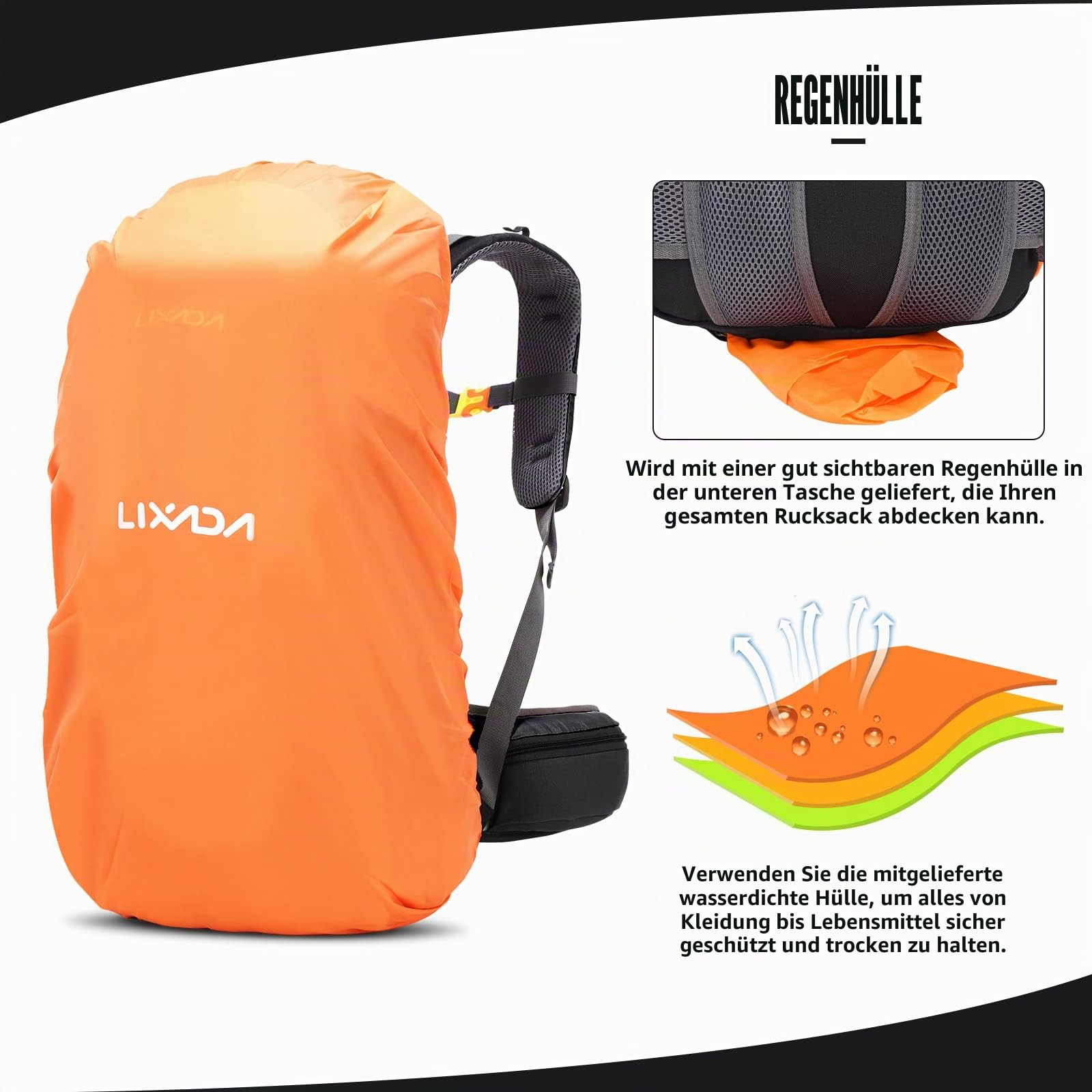 Lixada Wanderrucksack, 50 l, mit Schutzhülle, wasserdicht, ultraleicht, für Bergsteigen, Klettern, Trekking, Sport, Reisen, Camping