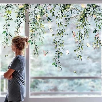 Whaline 9 Sheets Summer Flower Window Cling, Hanging Vine Floral Leaves | Window Stickers, Eucalyptus, Flower, Bird, Watercolor, Reusable, Static Glass Decals, Wedding Party Home Decor Supplies