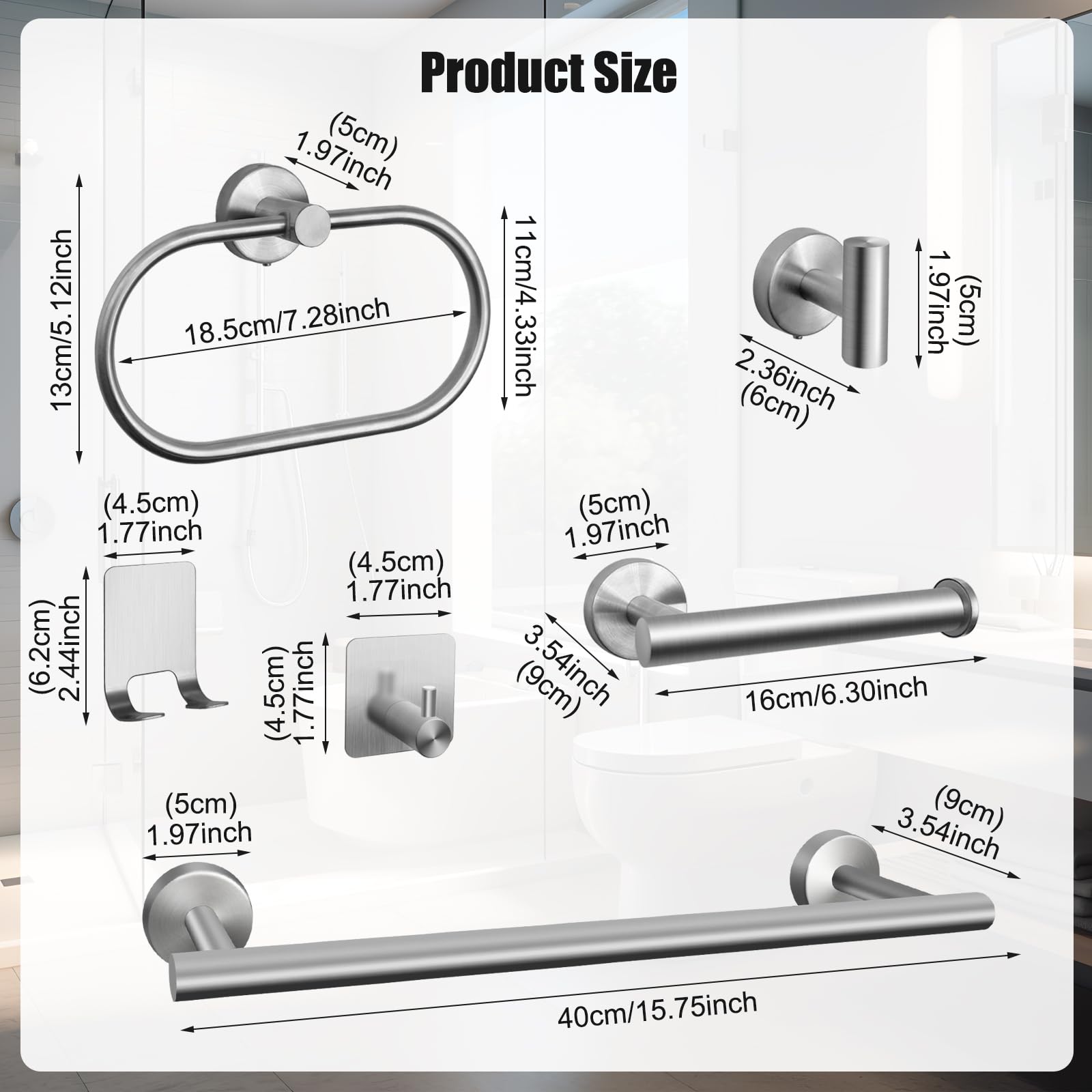 Juego de 7 piezas de accesorios de baño, de acero inoxidable de níquel cepillado, montaje en pared, incluye barra de toalla de 16 pulgadas, soporte para papel higiénico, anillo para toallas, 4 ganchos 2