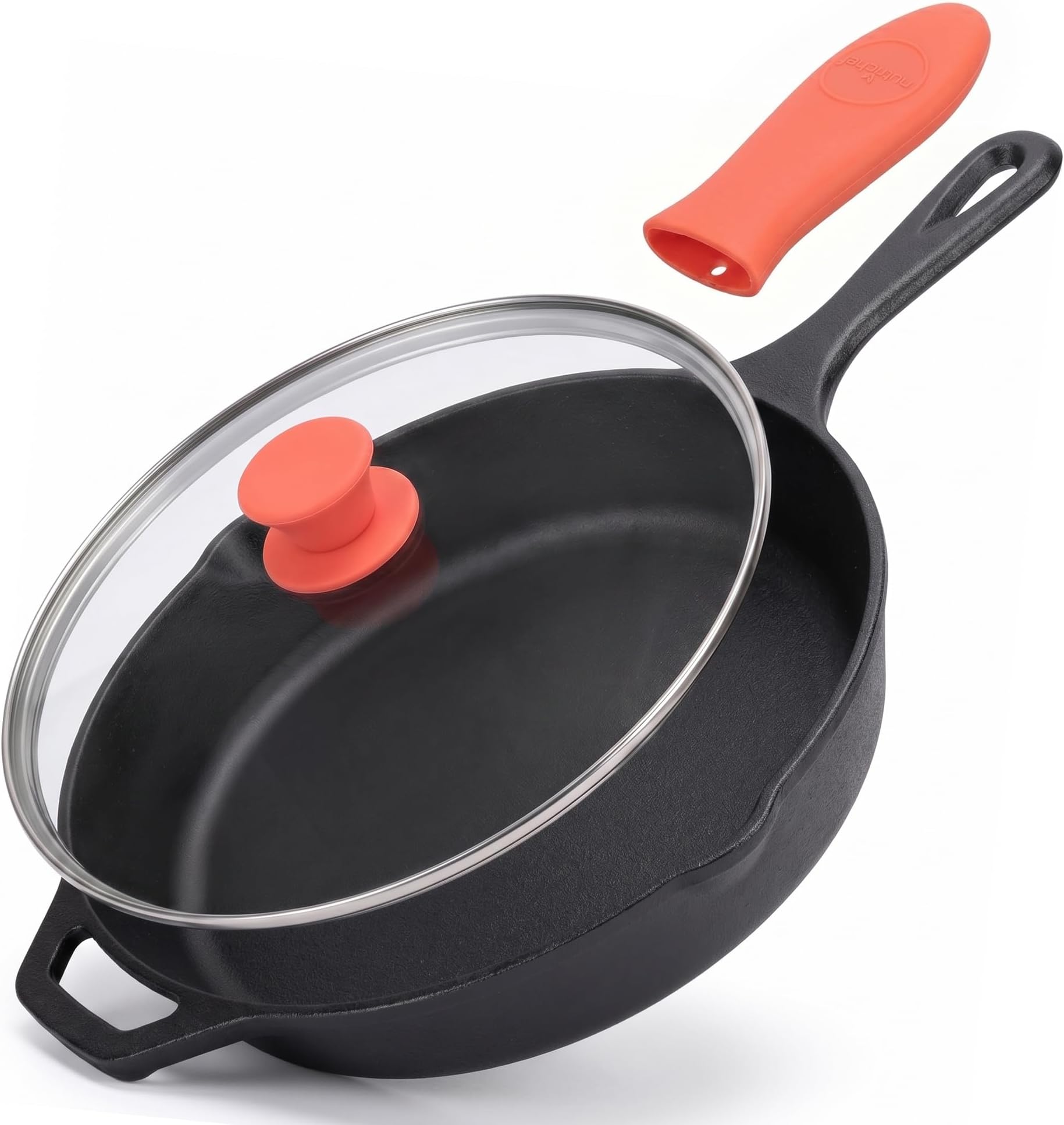 10 Inch Cast Iron Skillet with Lid - Pre-Seasoned Small Fry Pan with Side Drip Spout and Silicone Handle