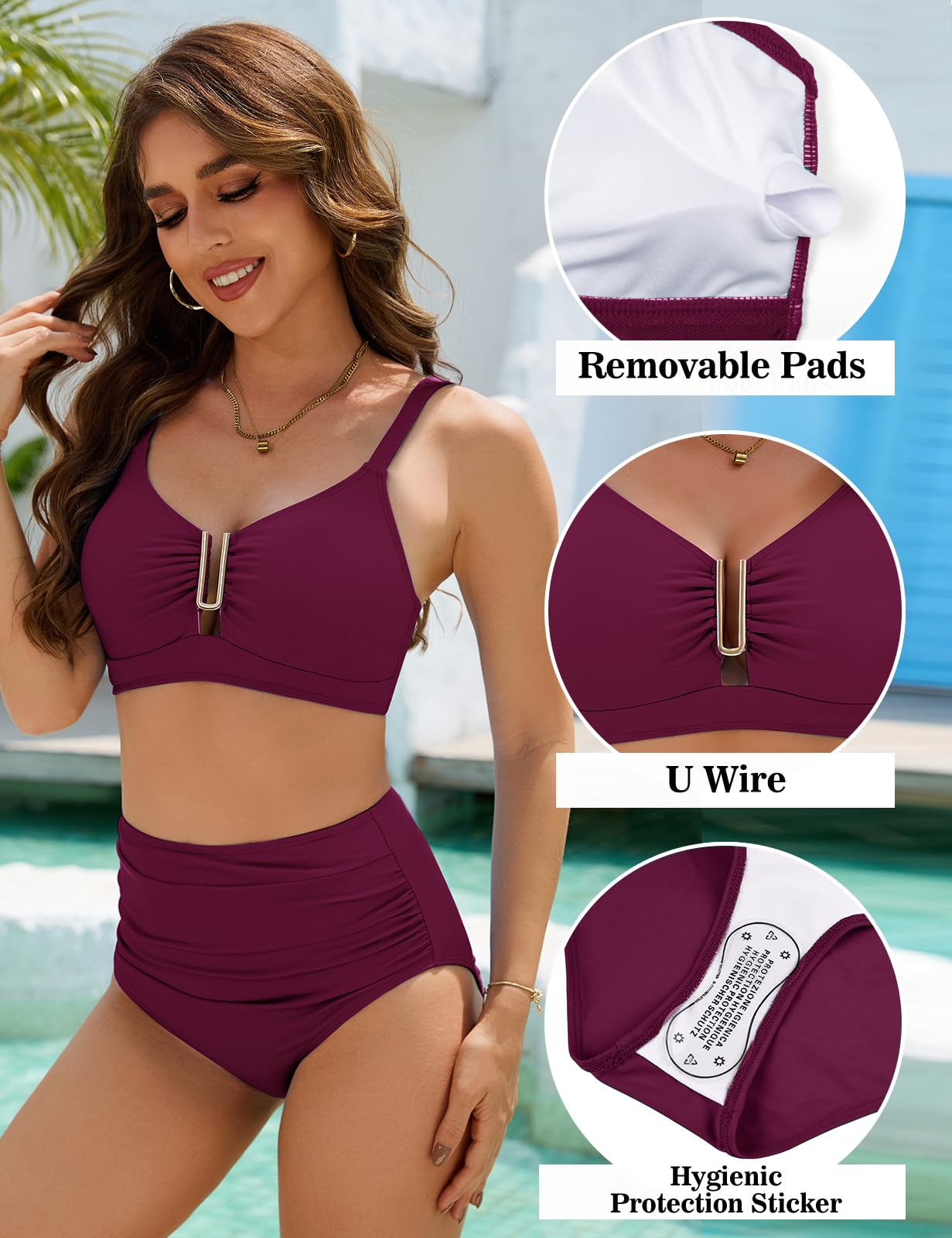 UMIPUBO Traje de Baño 2 Piezas Bikinis Mujer Reductors Barriga Talle Alto Bañadores Push Up Swimwear Metal U-Neck Traje de baño de Dos Piezas(Negro,S)