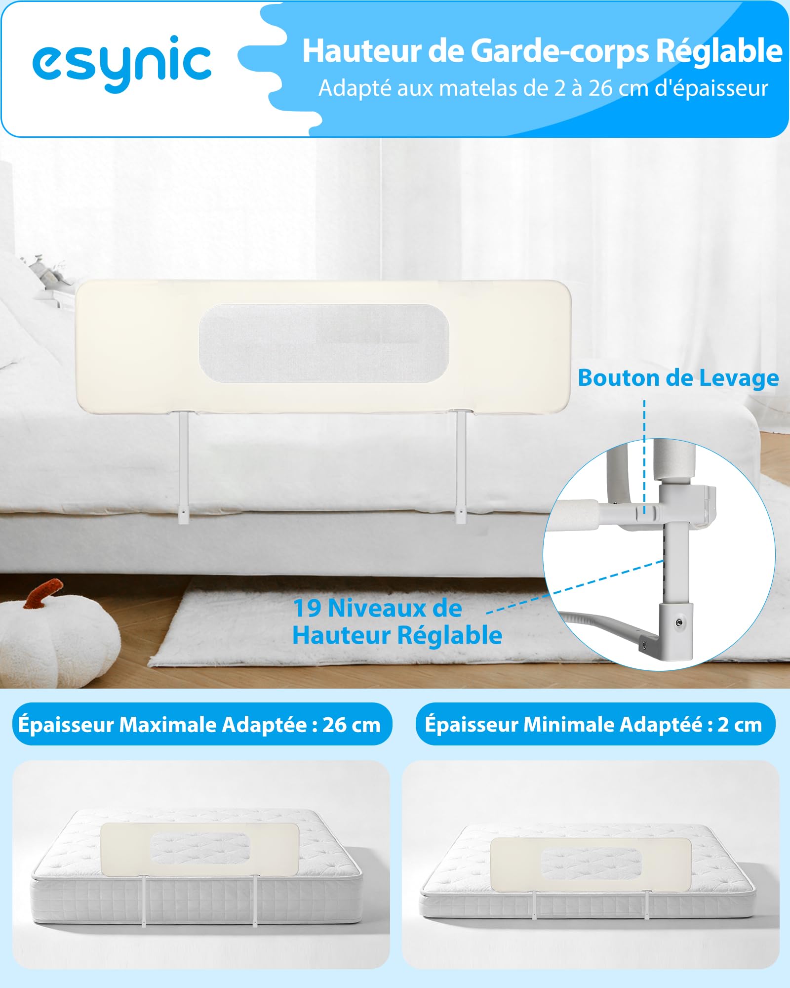 eSynic Barrière de Lit Enfant Pliable 150 x 41 cm Base en U Réglage en Hauteur Attache de Ceinture de Sécurité Barriere de Sécurité Lit Tissu Maillé Protection Anti-Collision avec Sac de Rangement