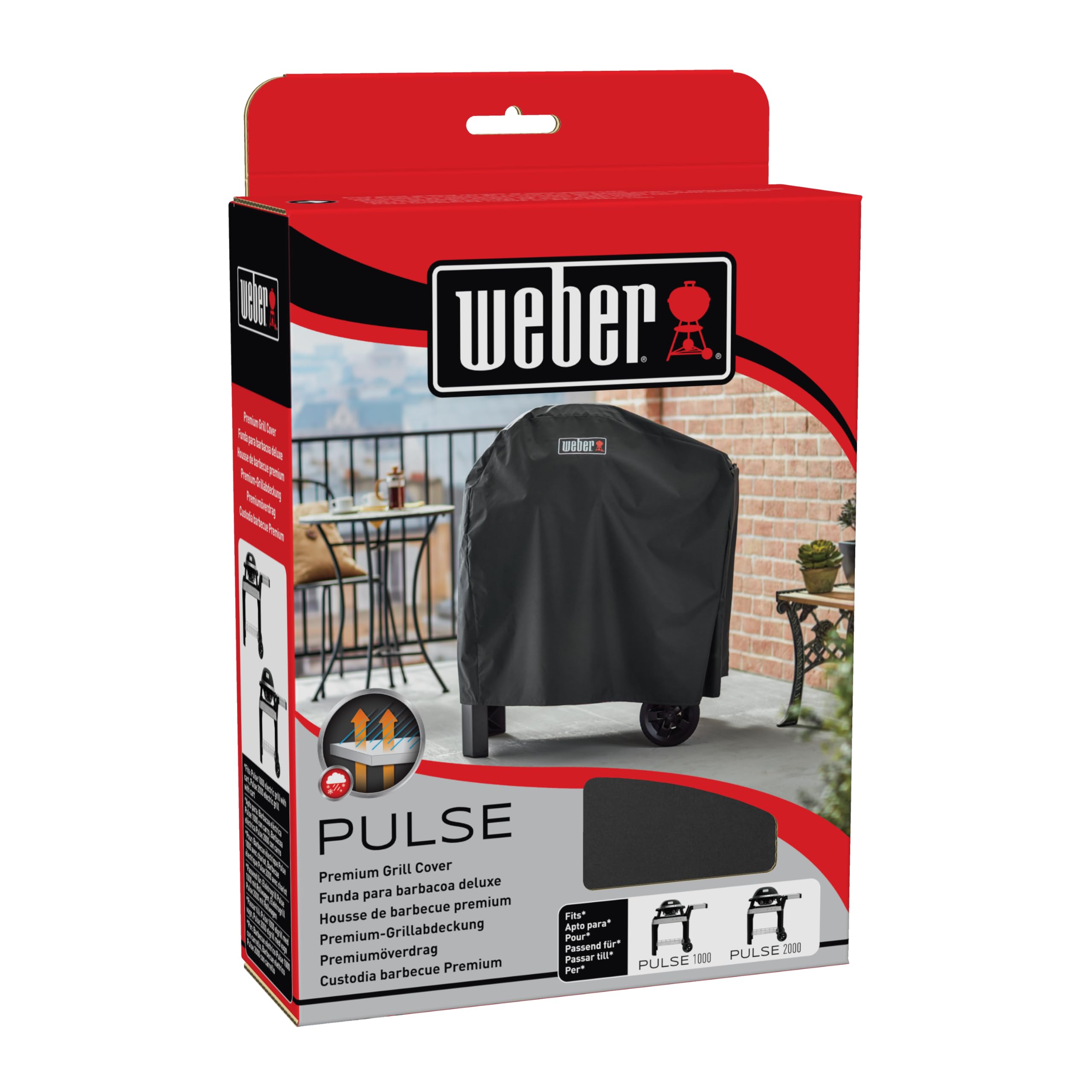 Weber Premium Grill Abdeckhaube für Pulse 1000/2000 mit Rollwagen, atmungsaktiv UV- & wasserbeständig, Schutz for Wind & Wetter, mit Klettverschluss zum Befestigen - Schwarz (7181)